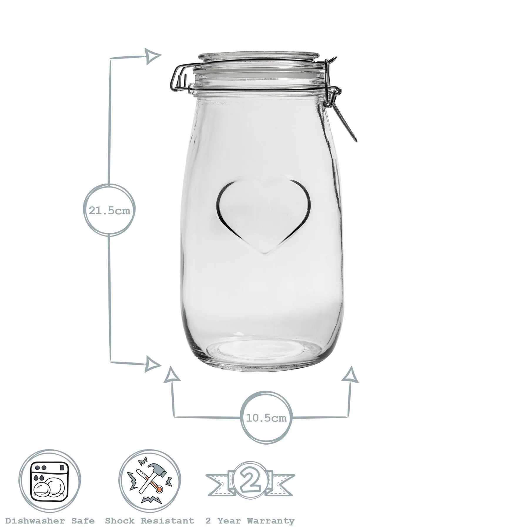 1.5L Glass Storage Jar with Embossed Heart Detail & Label - Pack of Six - By Nicola Spring