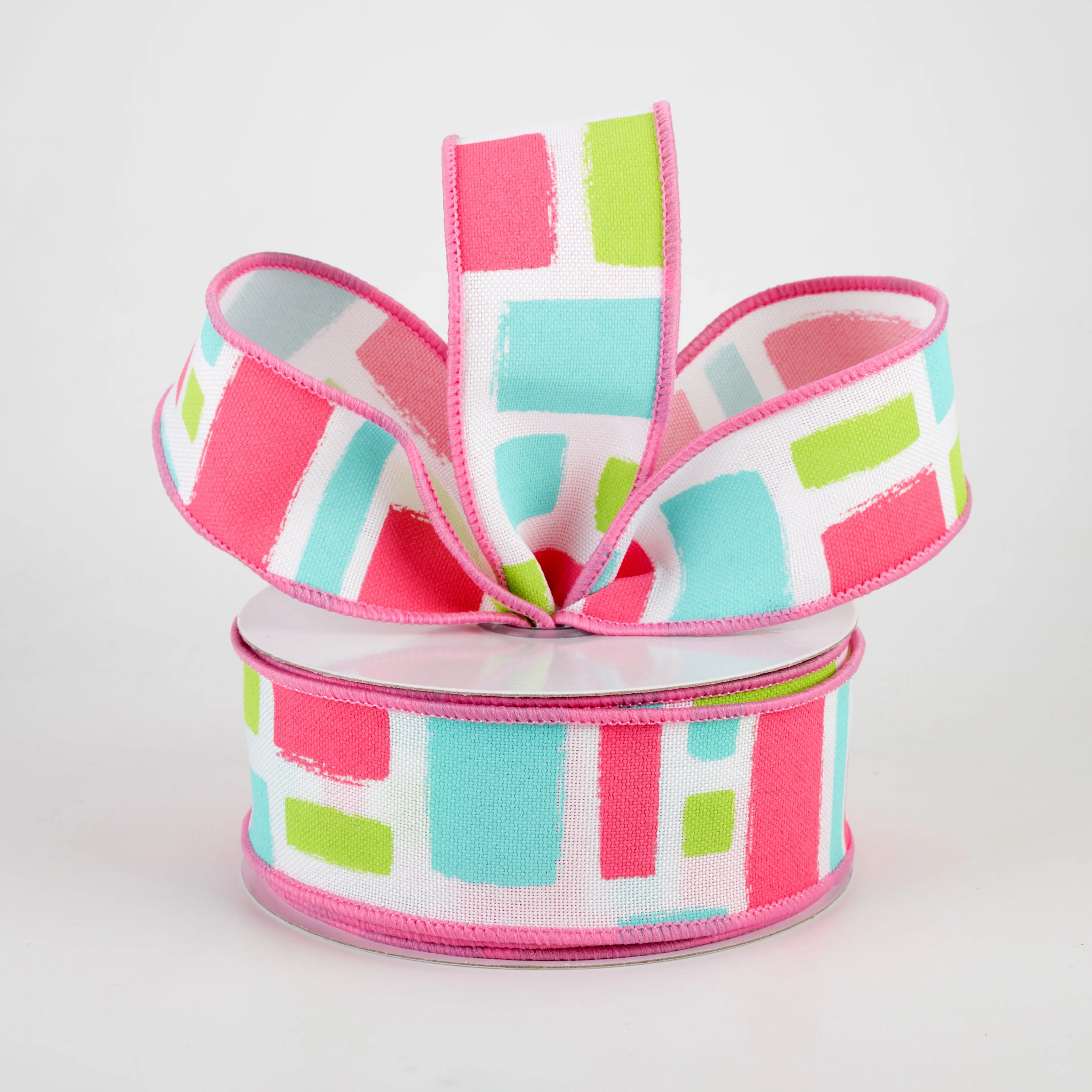 1.5" Bold Brush Strokes Ribbon: White, Pink, Teal, Light Green (10 Yards)