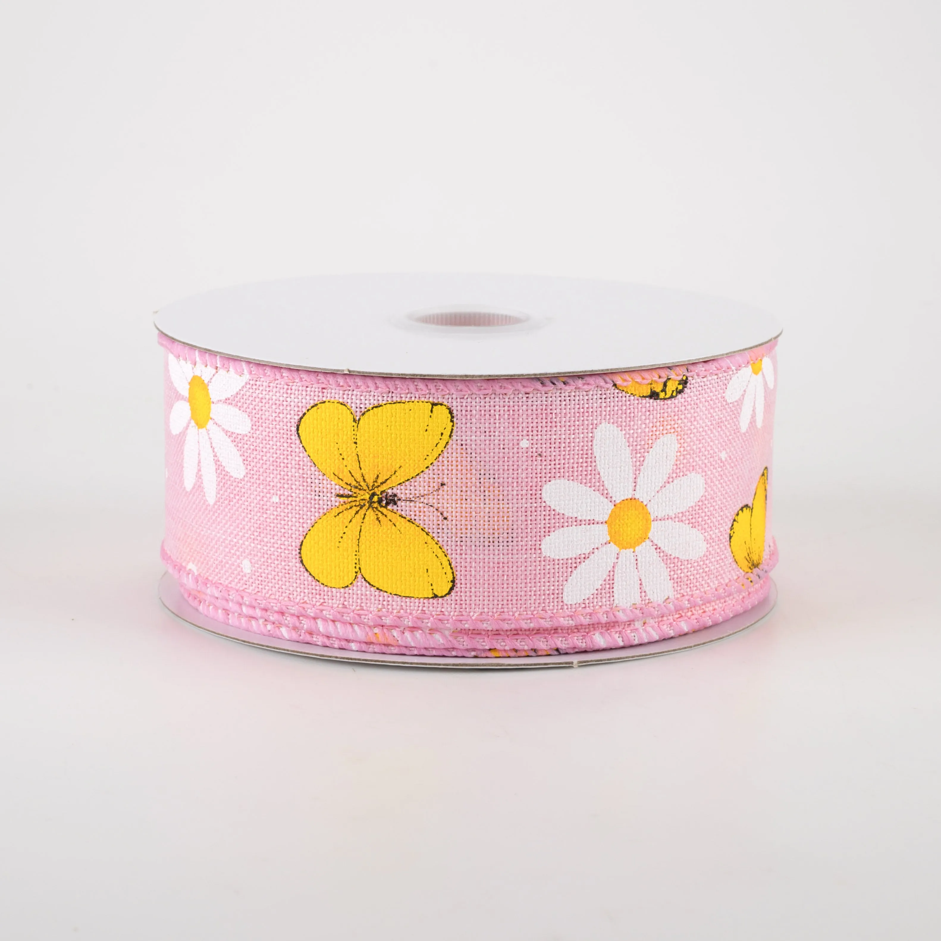 1.5" Daisies & Butterflies Linen Ribbon: Pink (10 Yards)