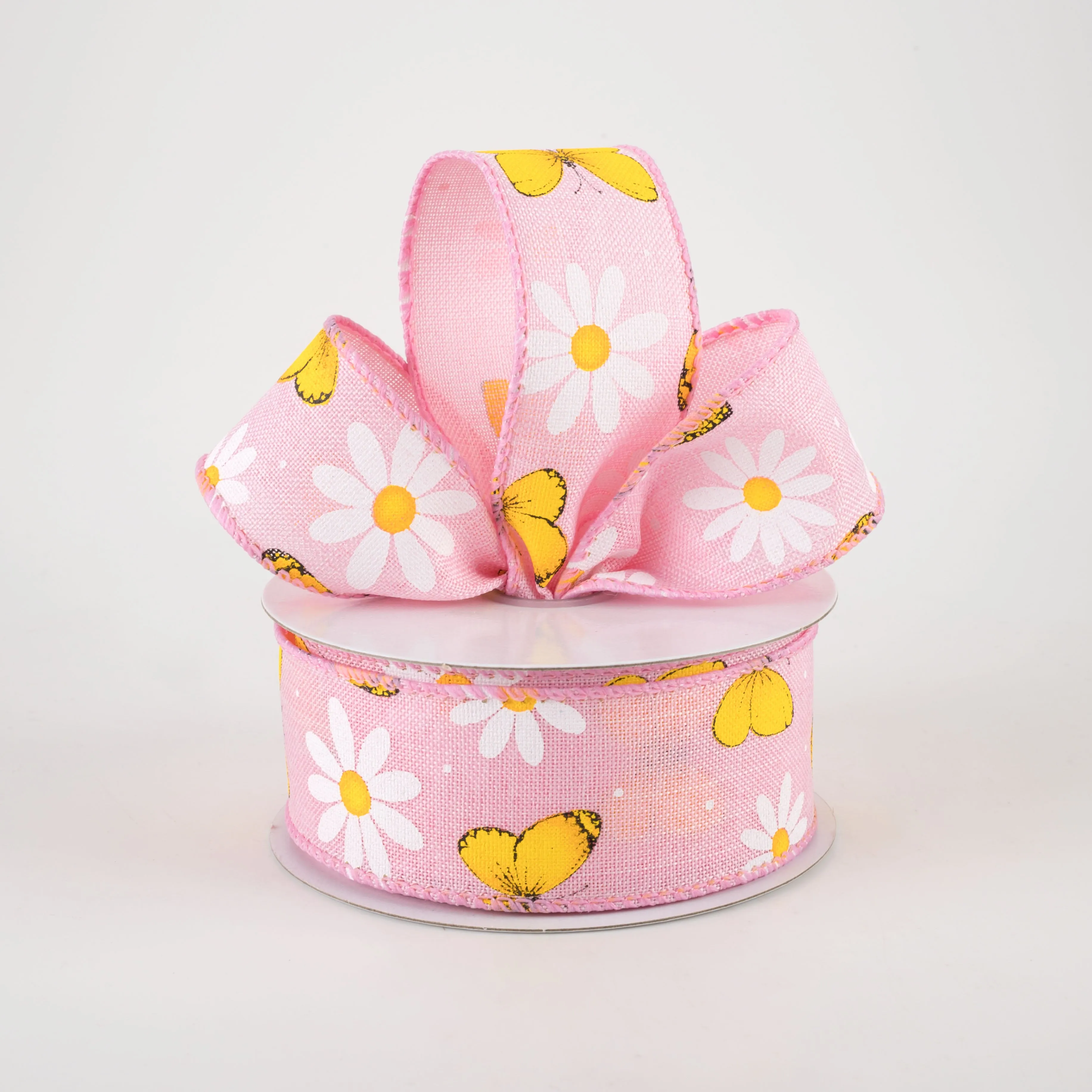 1.5" Daisies & Butterflies Linen Ribbon: Pink (10 Yards)