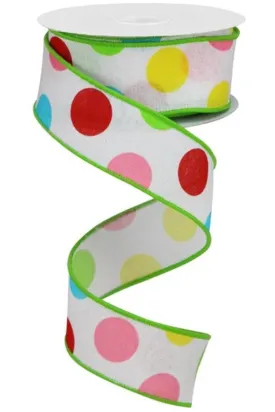 1.5" Multi Polka Dots on Royal Ribbon: White/Green (10 Yards)