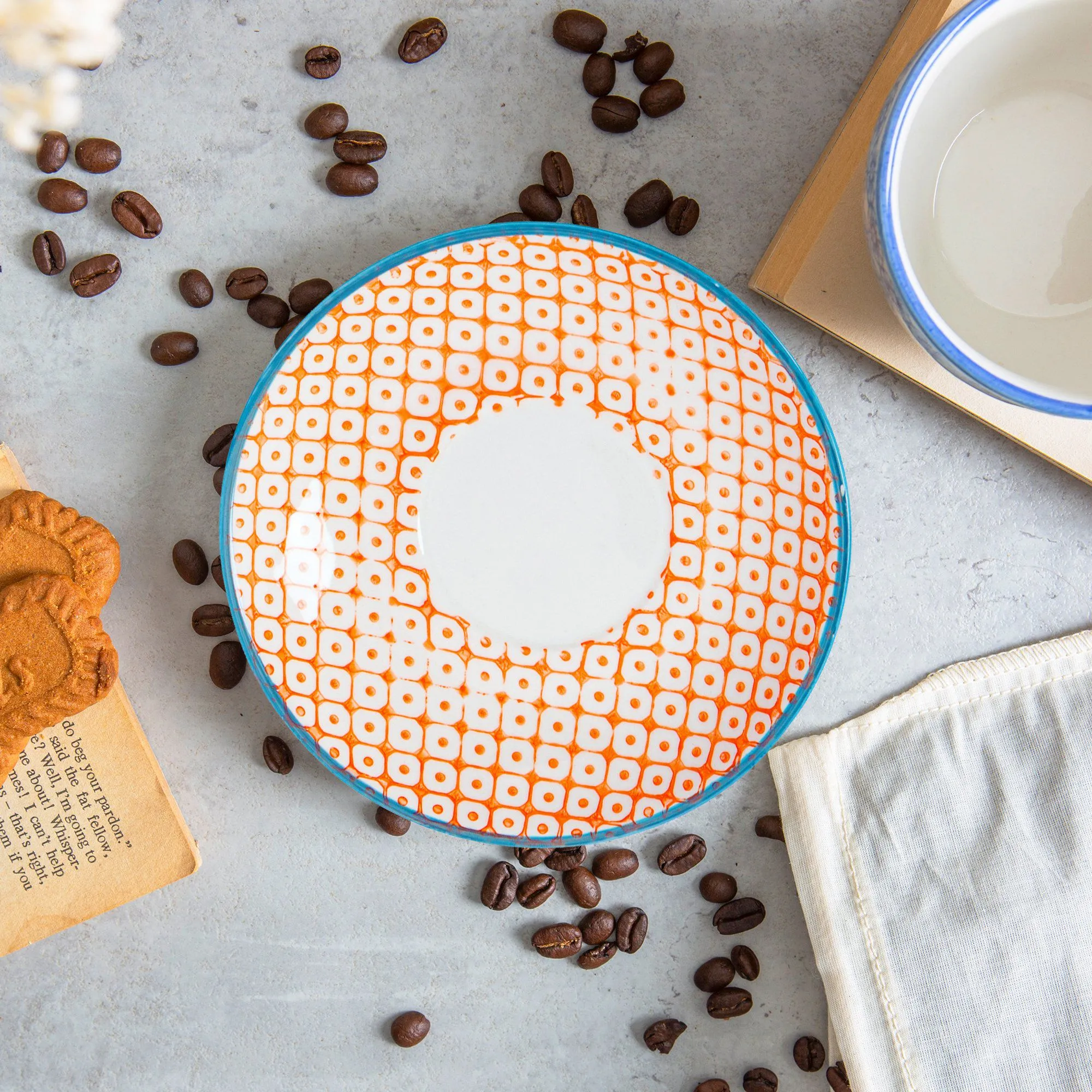 260ml Hand Printed Stoneware Stacking Teacups & Saucers - 6 Sets - By Nicola Spring