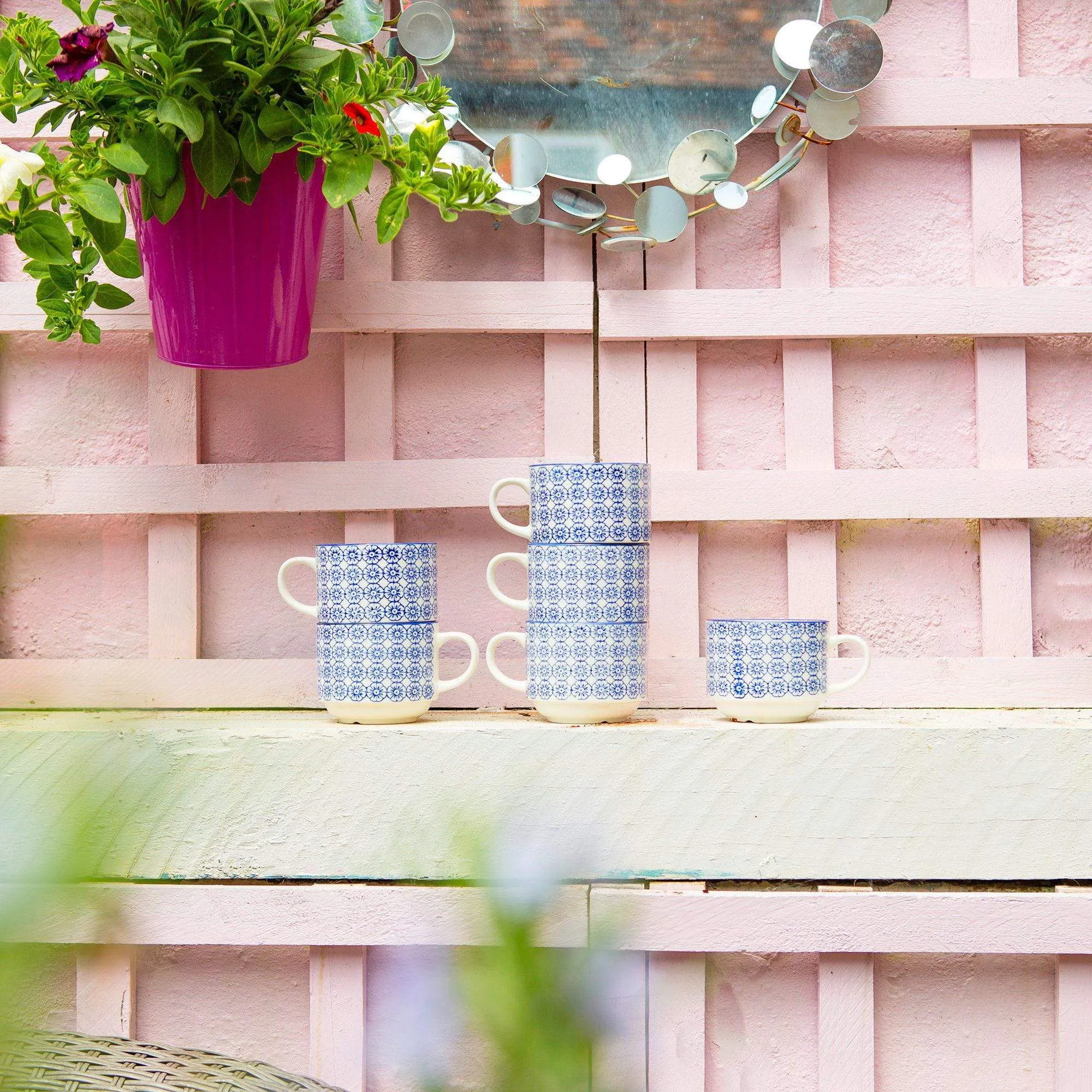 260ml Hand Printed Stoneware Stacking Teacups & Saucers - 6 Sets - By Nicola Spring