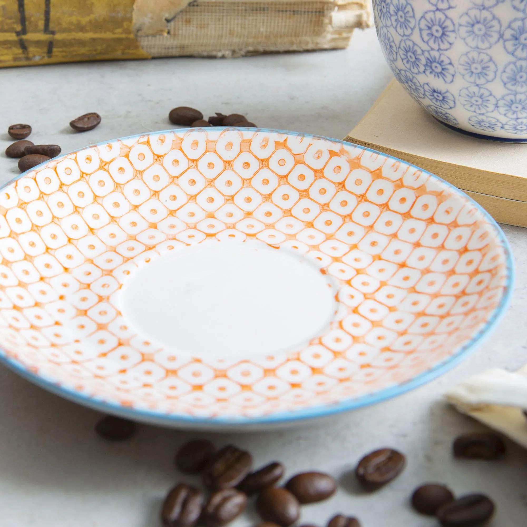 260ml Hand Printed Stoneware Stacking Teacups & Saucers - 6 Sets - By Nicola Spring