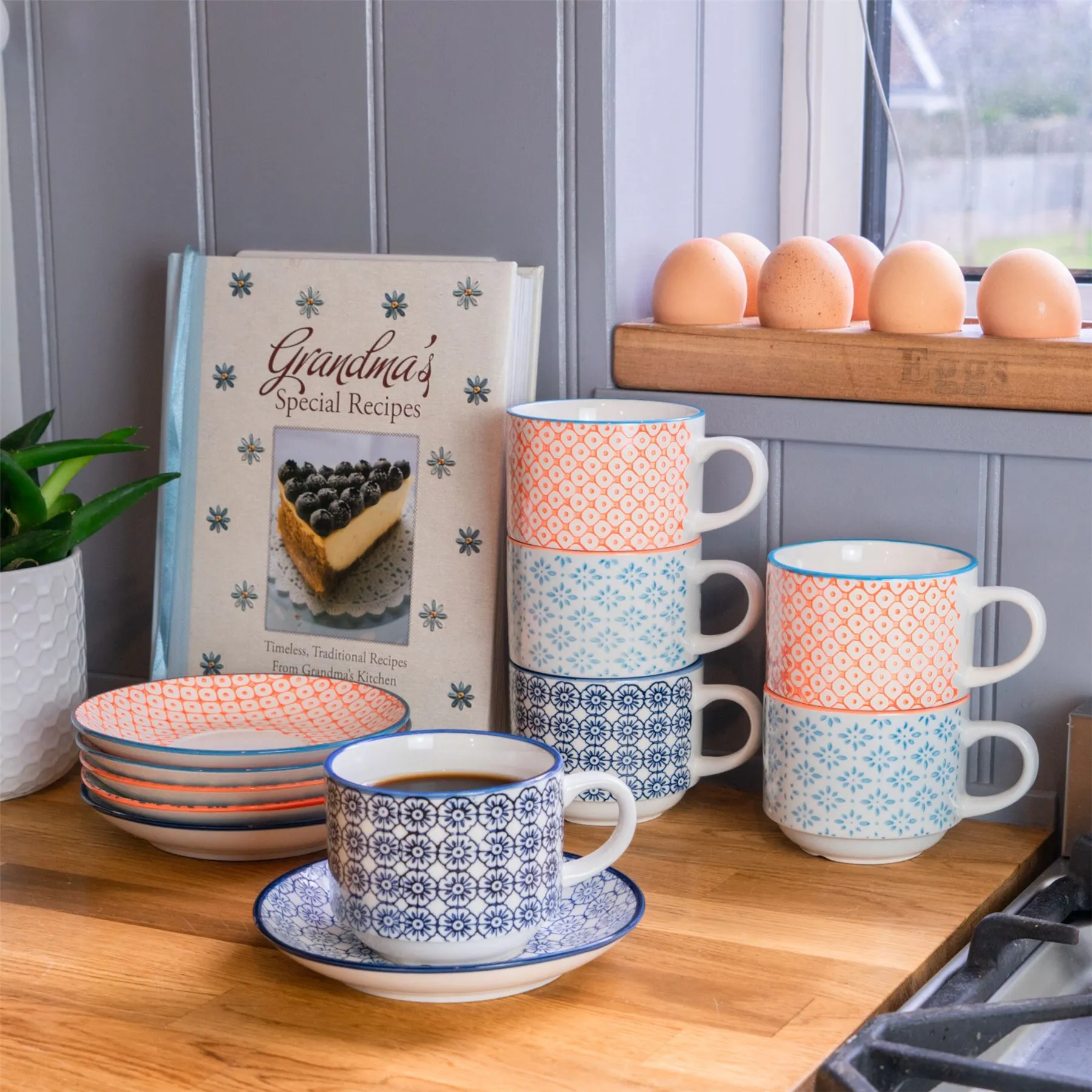 260ml Hand Printed Stoneware Stacking Teacups & Saucers - 6 Sets - By Nicola Spring