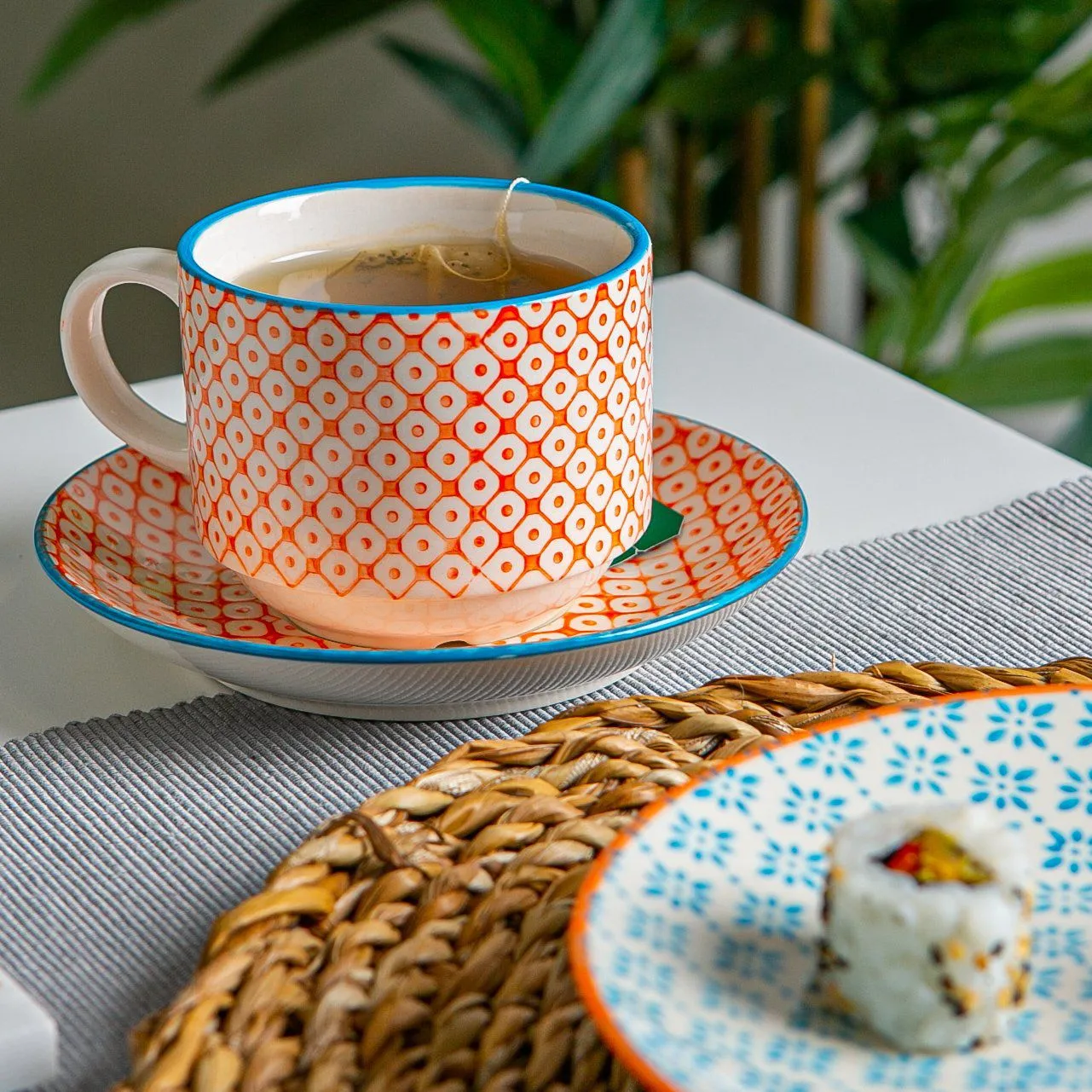 260ml Hand Printed Stoneware Stacking Teacups & Saucers - 6 Sets - By Nicola Spring