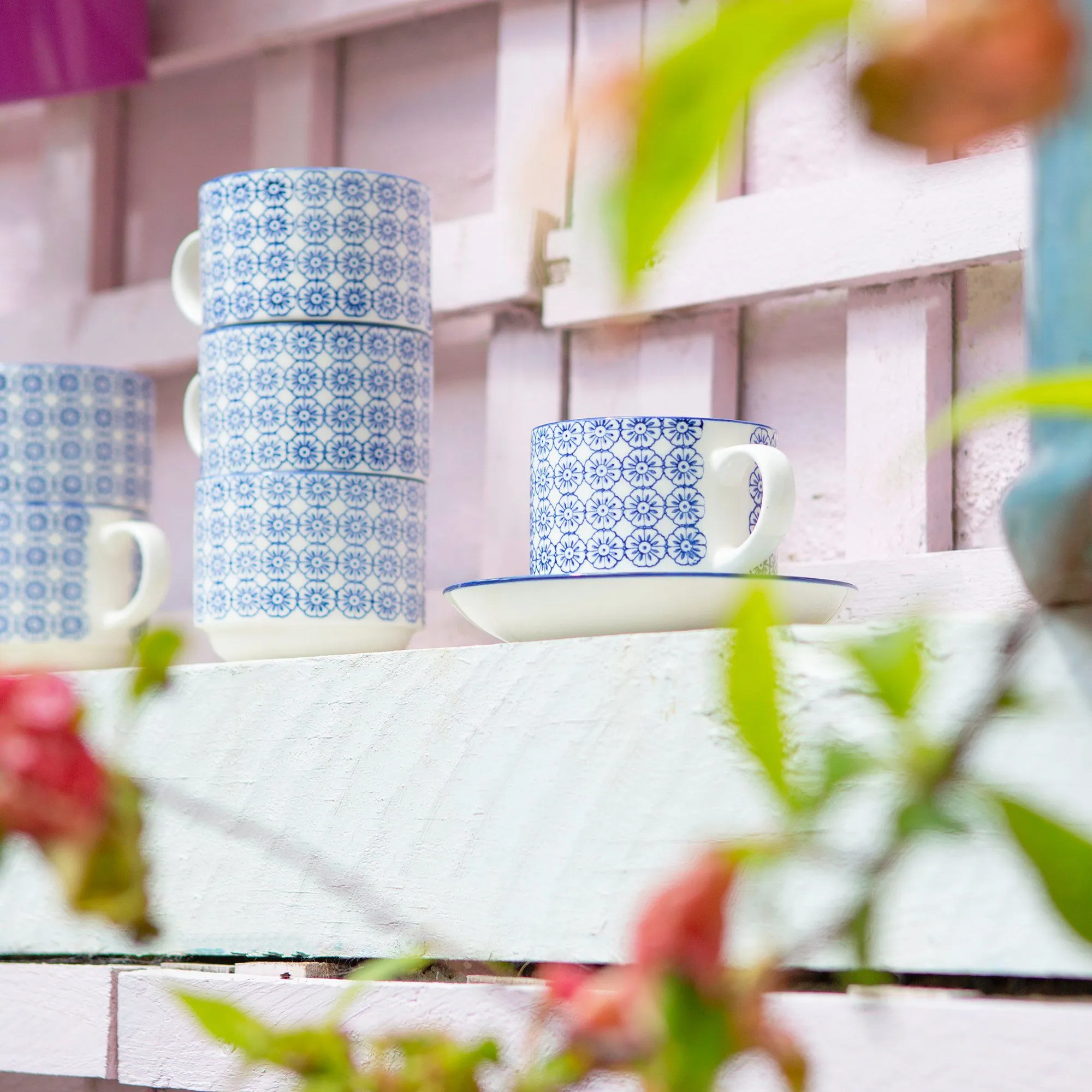 260ml Hand Printed Stoneware Stacking Teacups & Saucers - 6 Sets - By Nicola Spring