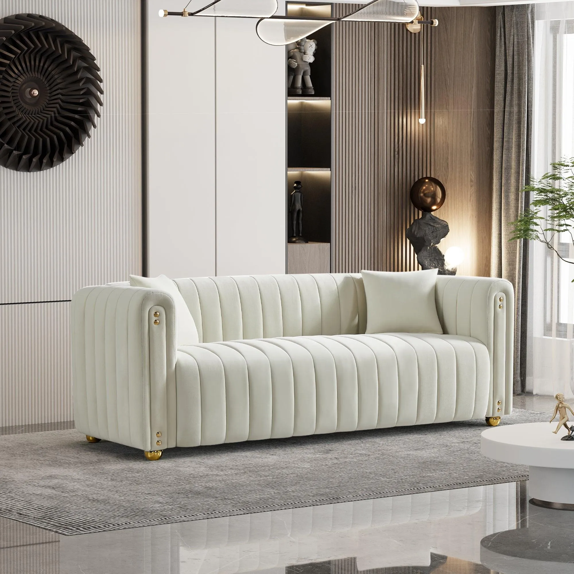 79.92" White Velvet Sofa with Modern Vertical Channel Tufting, Comfortable for Living Room