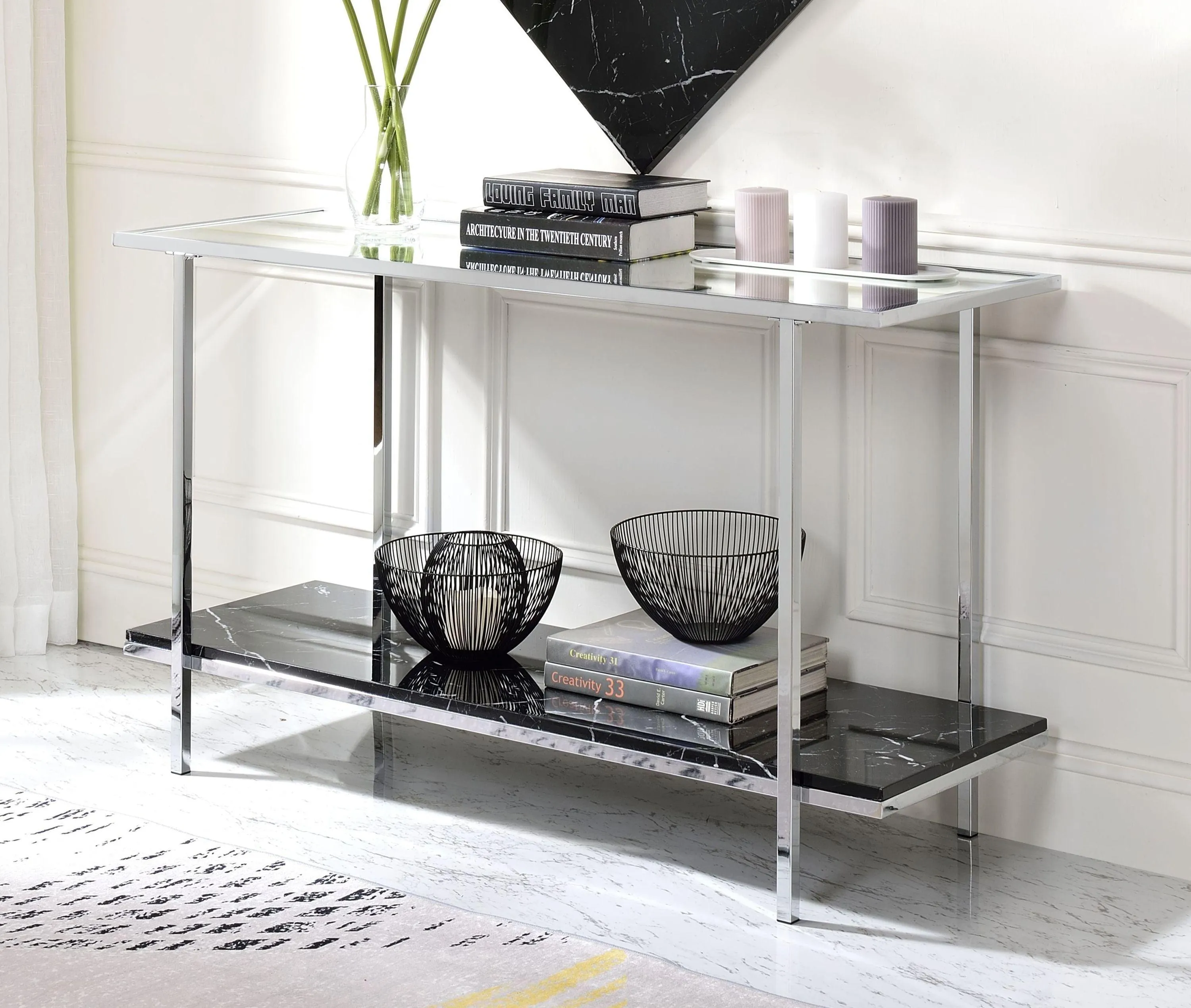 ACME Angwin Console Table, Mirrored Faux Marble & Chrome