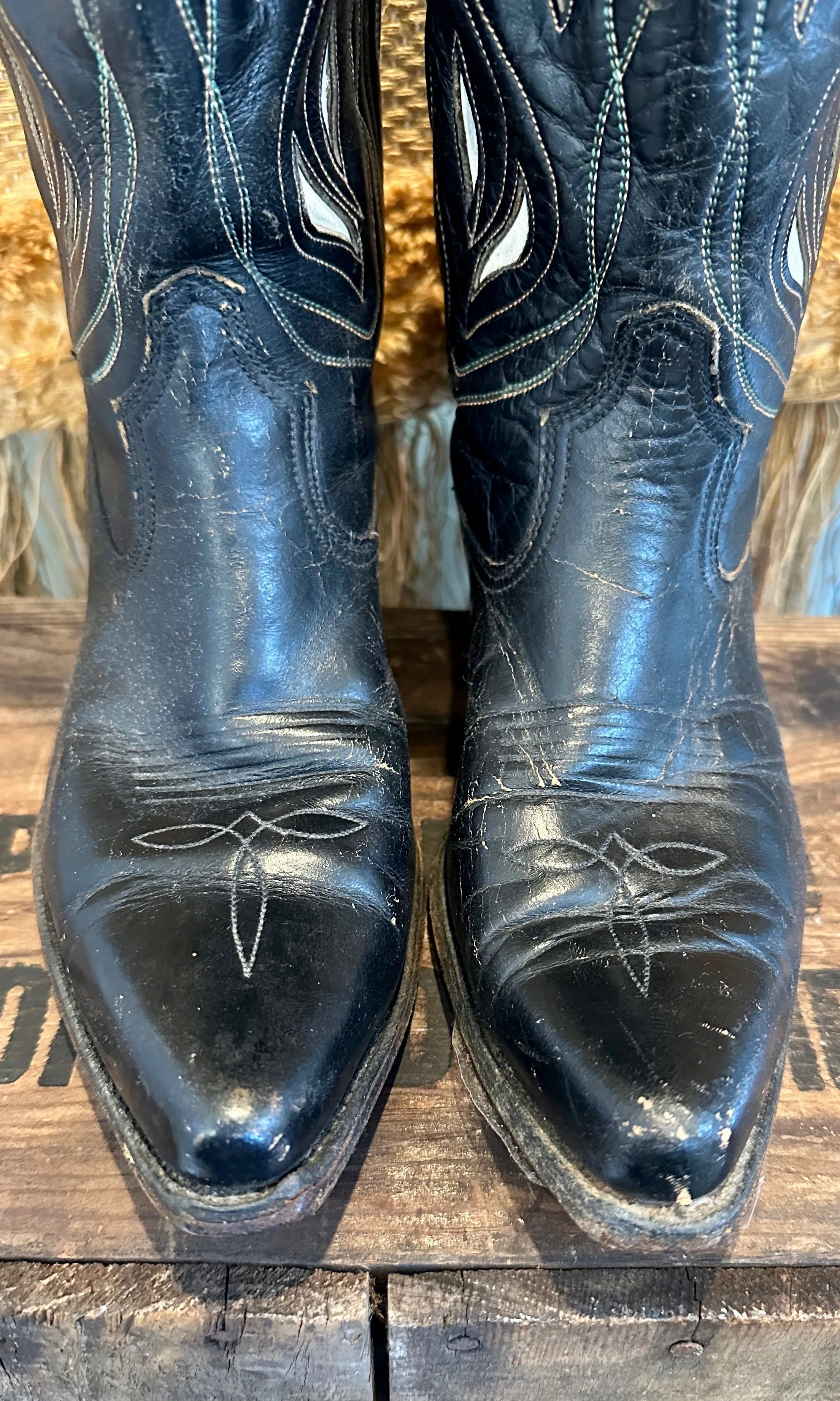 ACME Black Flower Vintage 60s Leather Boots • Size 7.5