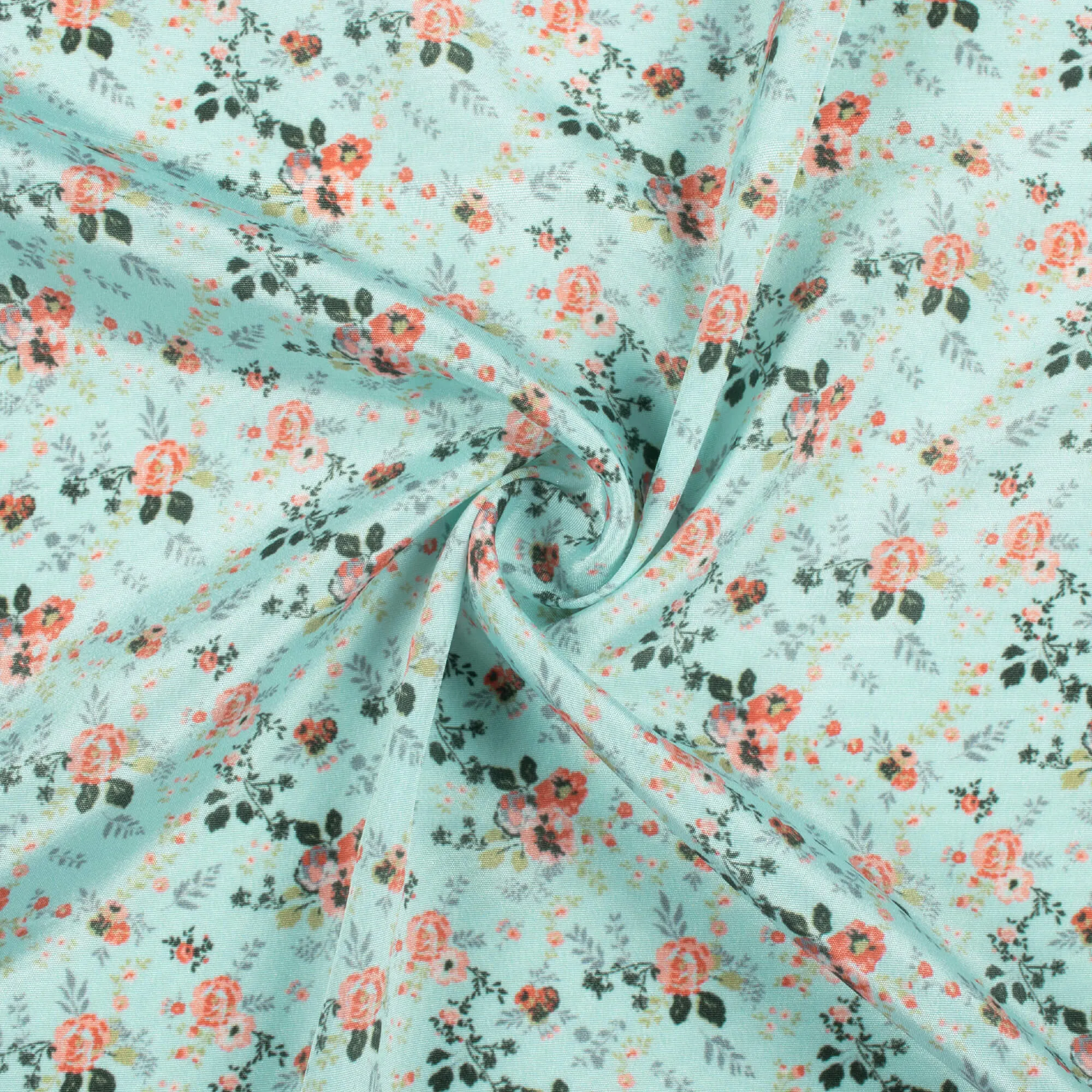 Baby Blue And Peach Floral Pattern Digital Print Crepe Silk Fabric