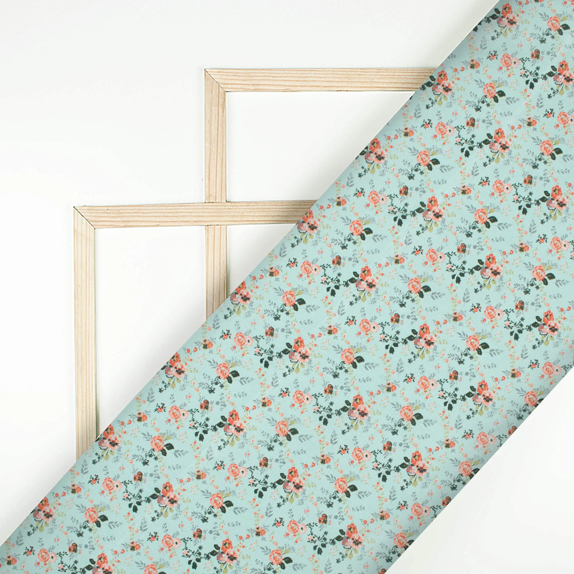 Baby Blue And Peach Floral Pattern Digital Print Crepe Silk Fabric