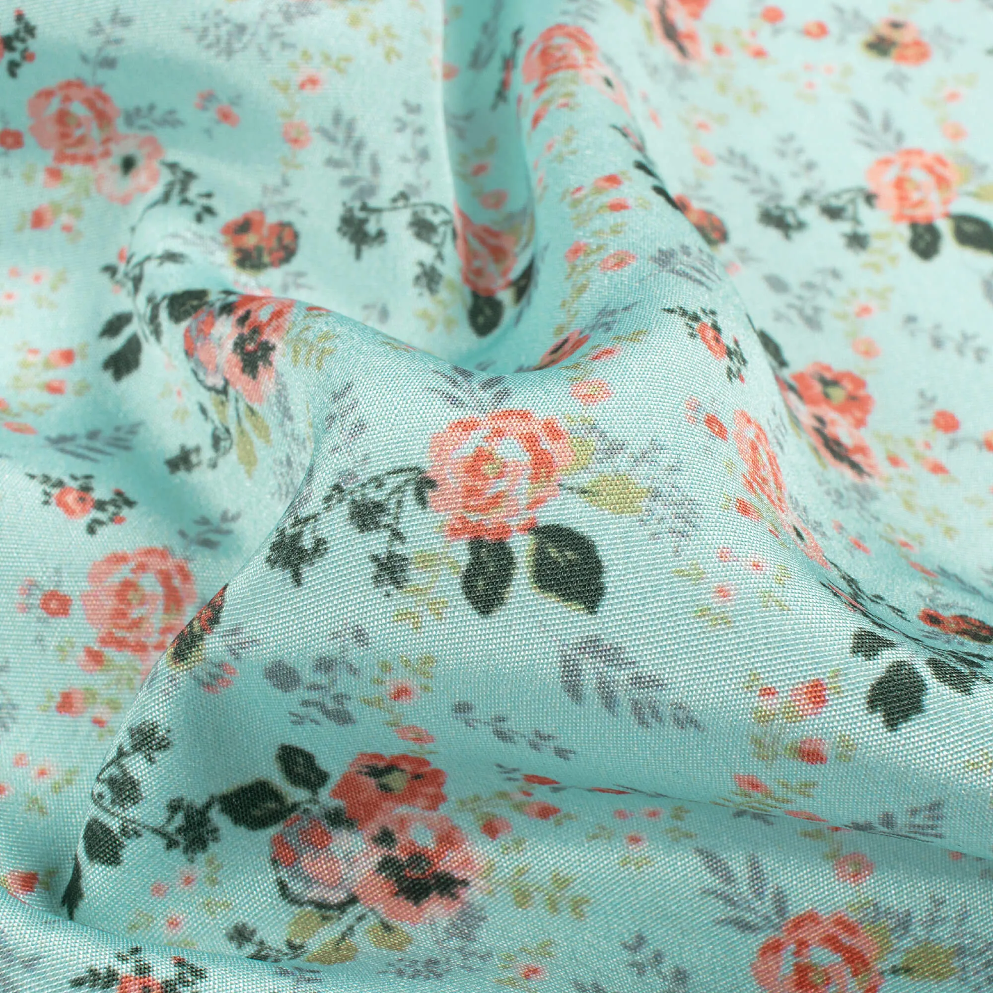 Baby Blue And Peach Floral Pattern Digital Print Crepe Silk Fabric