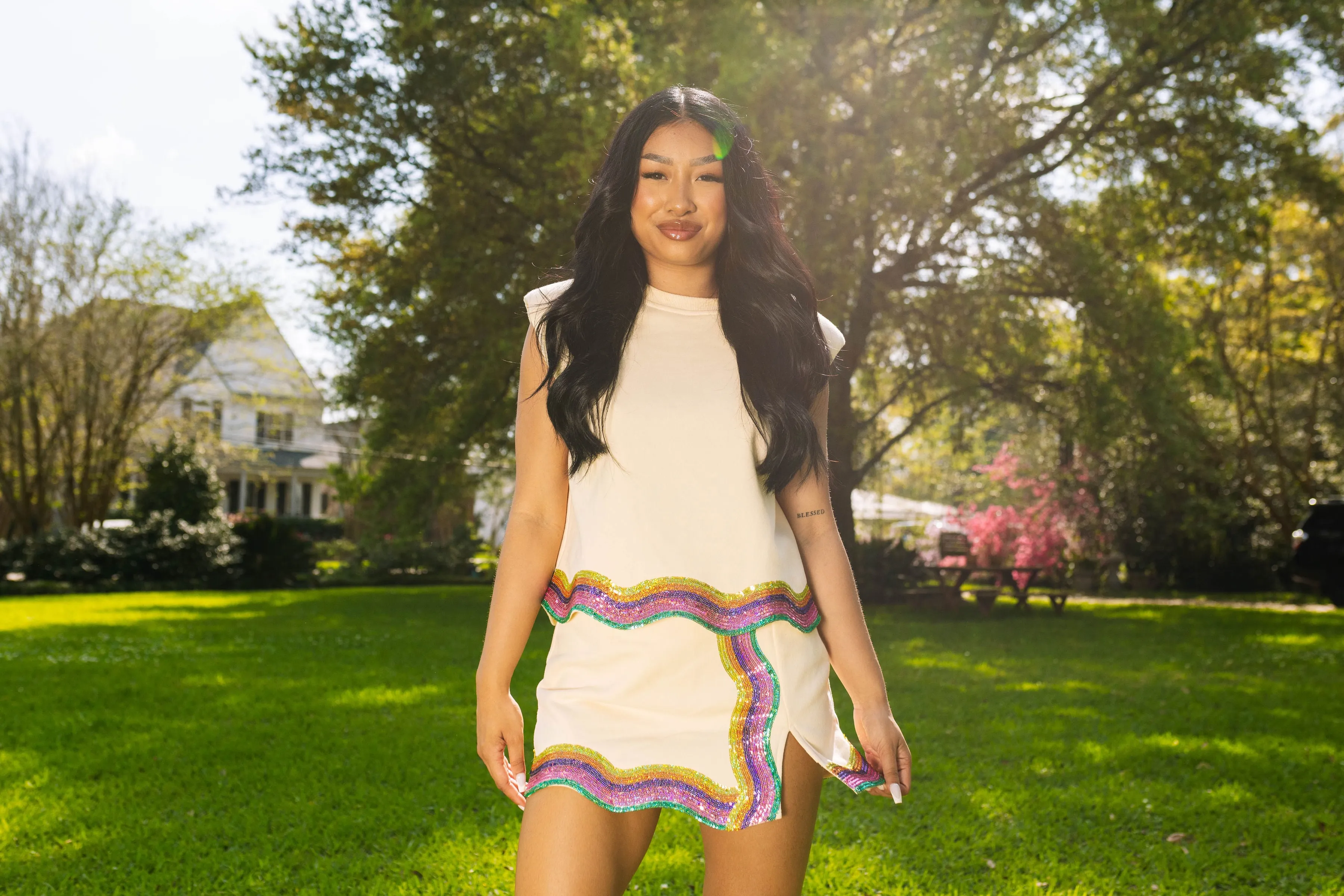 Beige Rainbow Wavy Shoulder Pad Tank