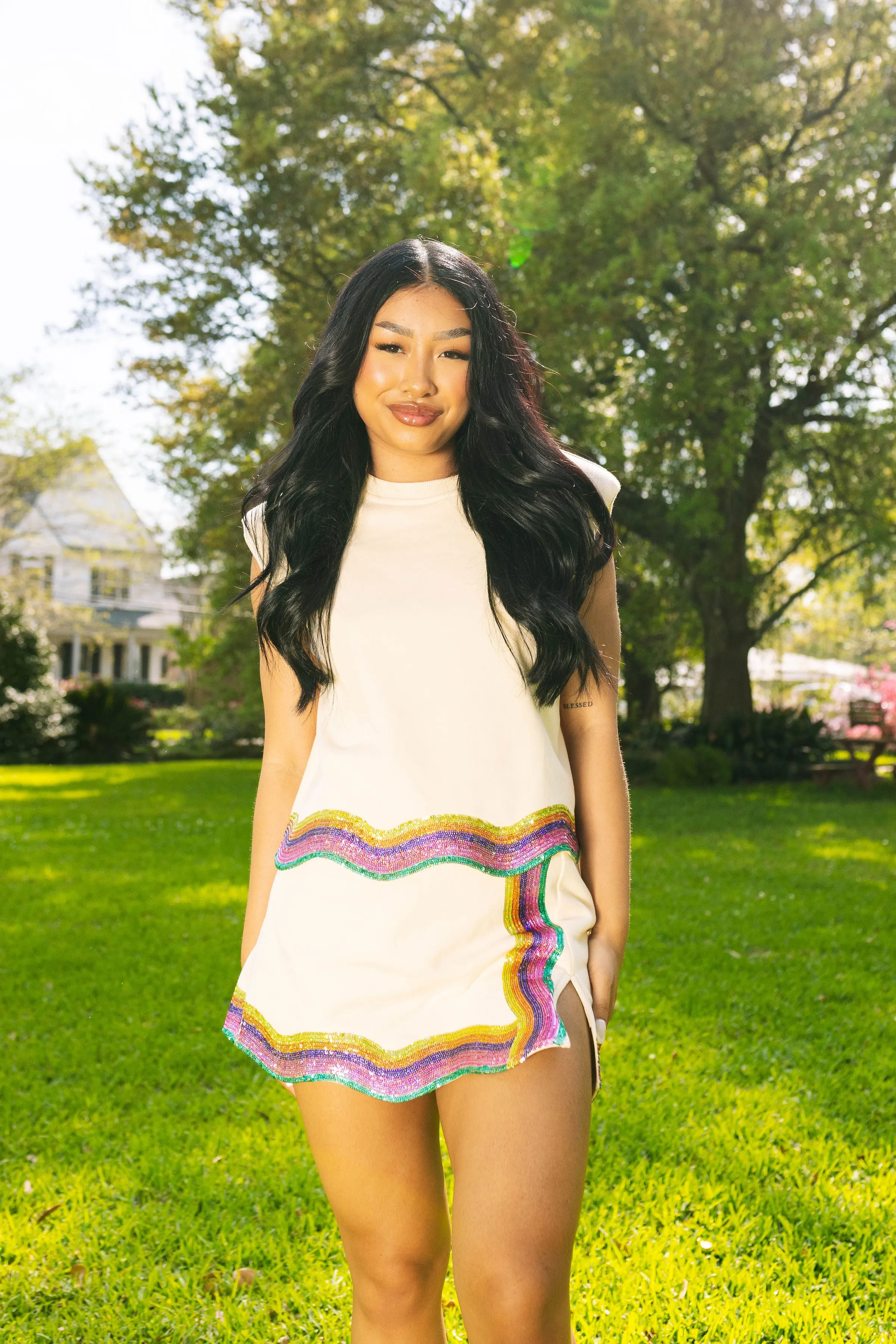 Beige Rainbow Wavy Shoulder Pad Tank