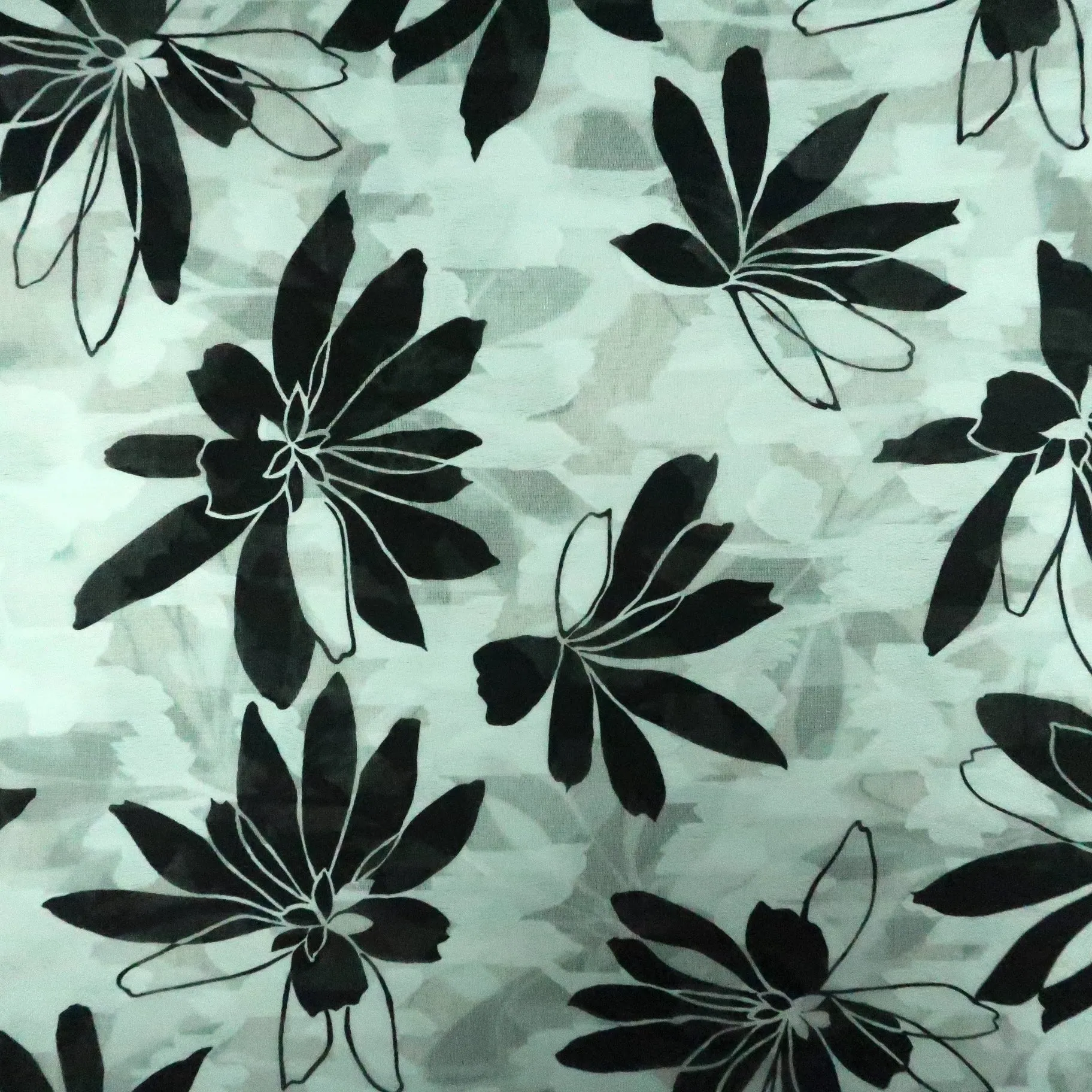 Black Flowers on White Embroidered Printed Cotton Blended Broadcloth