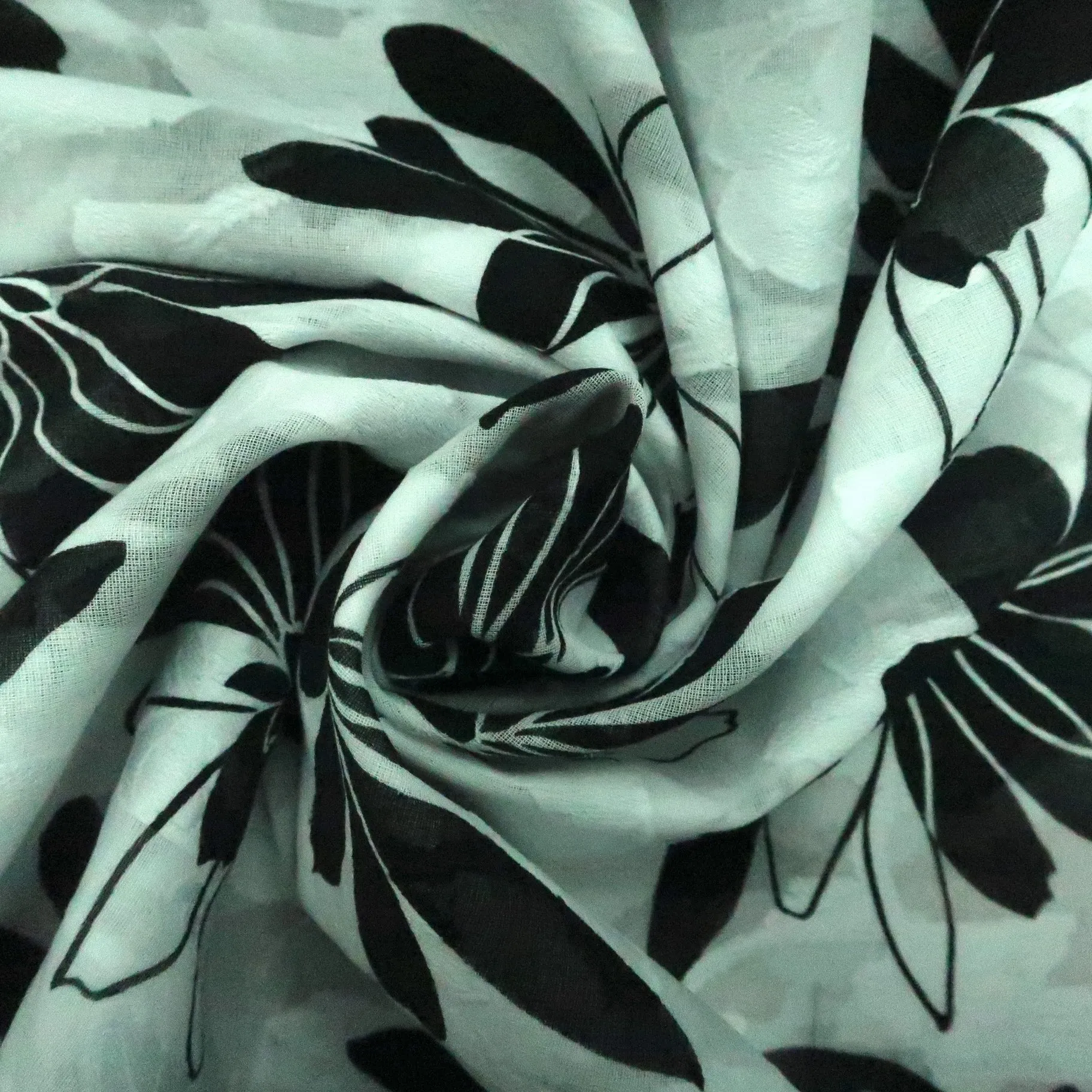 Black Flowers on White Embroidered Printed Cotton Blended Broadcloth