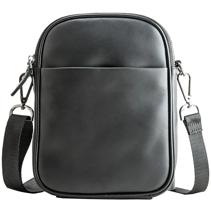 Black Leather Mens 8 inches Small Vertical Side Bag Black Messenger Bags Postman Bag Courier Bag for Men