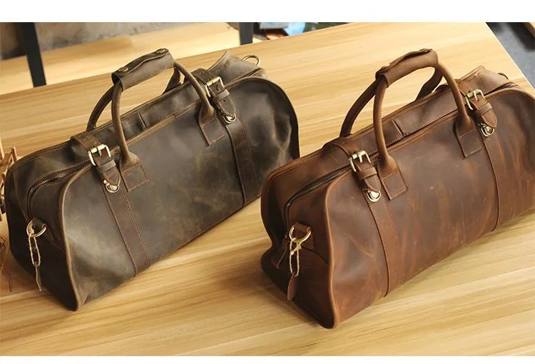 Black Leather Mens Casual Large Travel Bags Shoulder Weekender Bags Brown Duffle Bag For Men