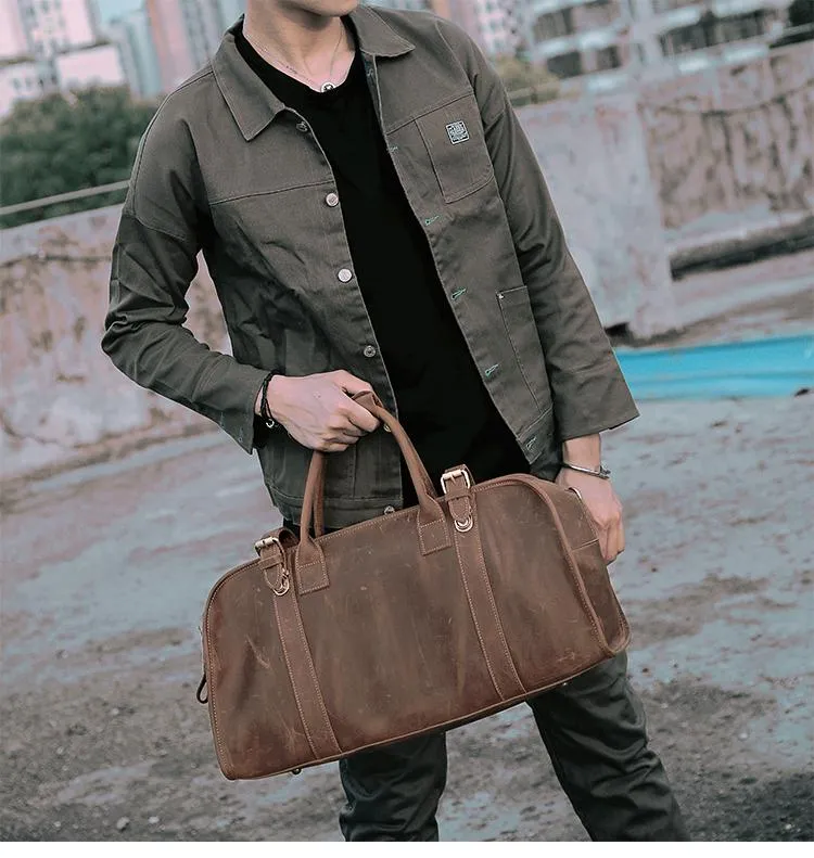 Black Leather Mens Casual Large Travel Bags Shoulder Weekender Bags Brown Duffle Bag For Men