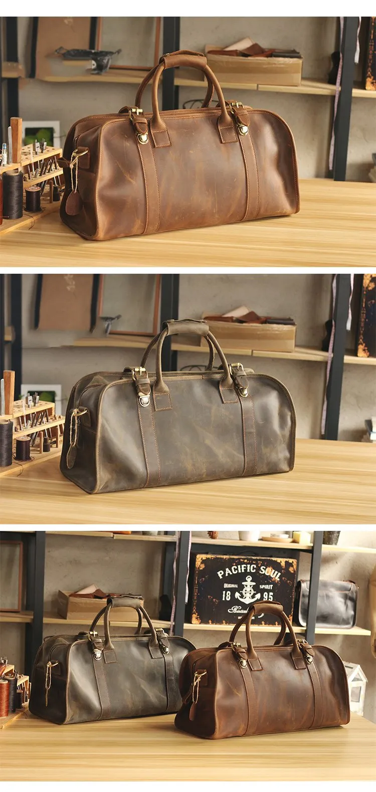 Black Leather Mens Casual Large Travel Bags Shoulder Weekender Bags Brown Duffle Bag For Men