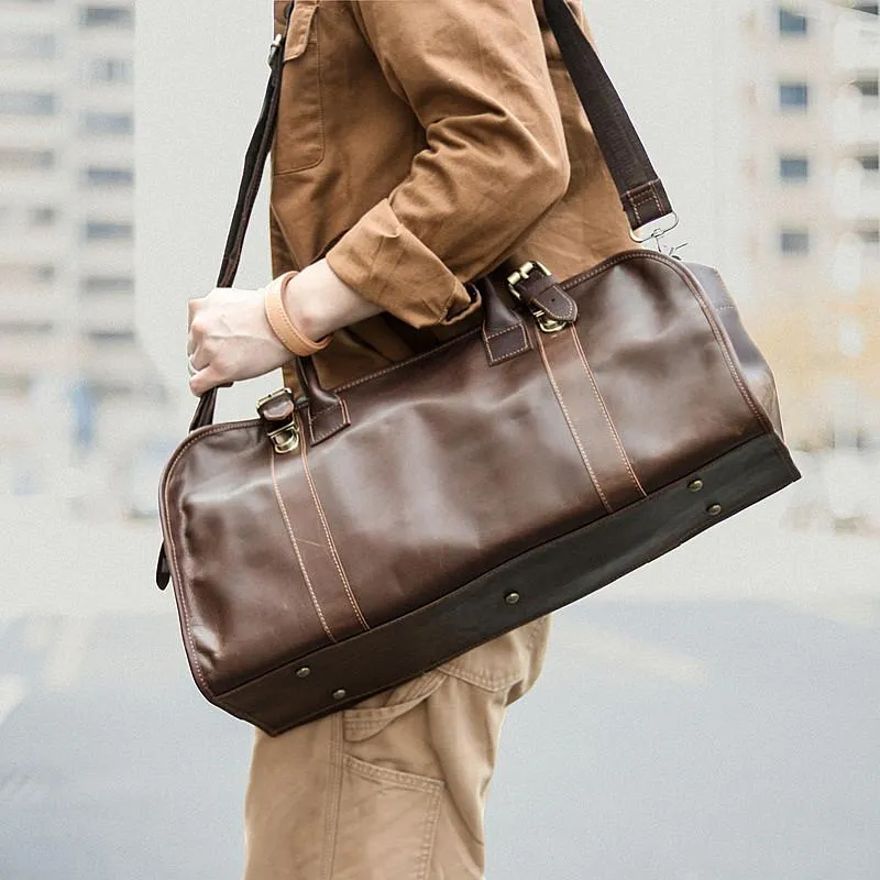 Black Leather Mens Casual Large Travel Bags Shoulder Weekender Bags Brown Duffle Bag For Men