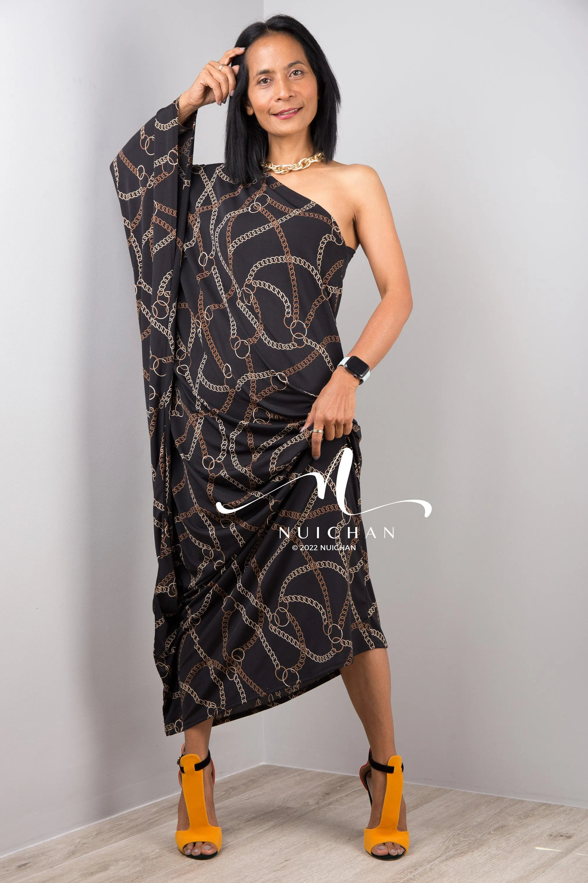 Black one shoulder dress with chain print