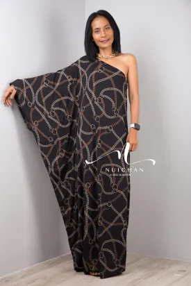 Black one shoulder dress with chain print