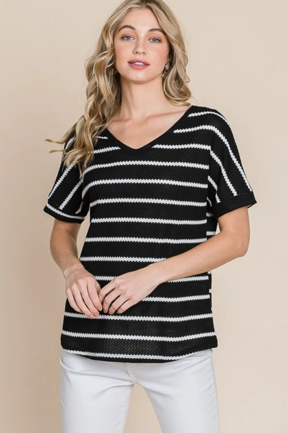 BOMBOM Simple Goals Waffle Knit Striped Tee