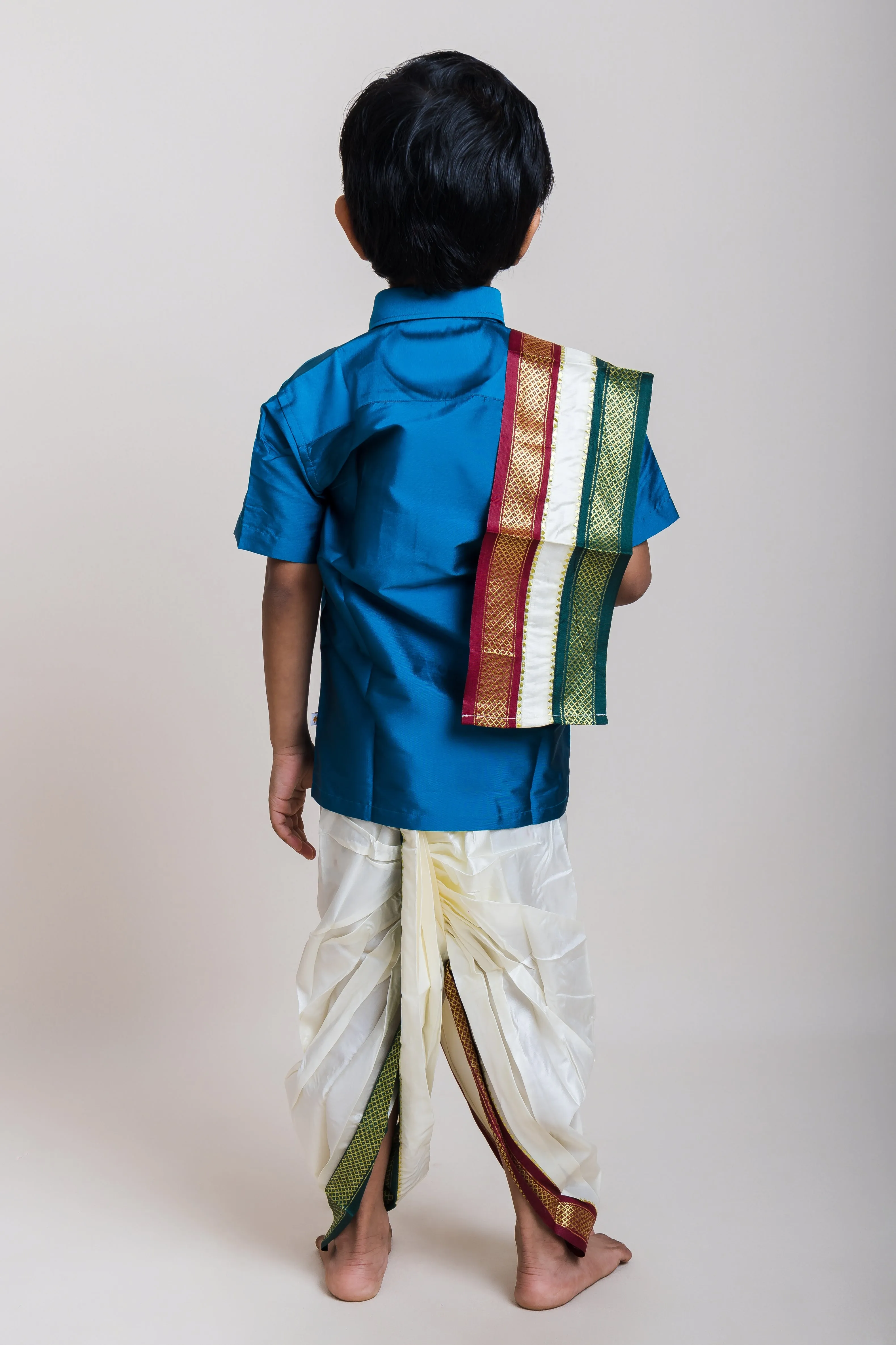 Boys Cream White Zari Border Panchakacham Ready Made Dhoti with Angavastram - Velcro Strap