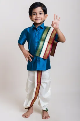 Boys Cream White Zari Border Panchakacham Ready Made Dhoti with Angavastram - Velcro Strap