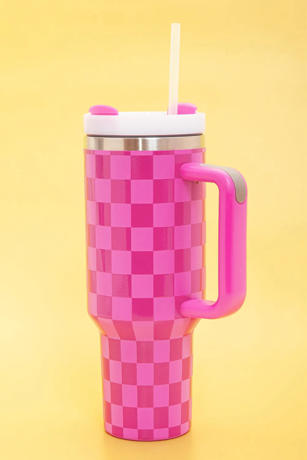 Bright Pink Checkered Print Handled Stainless Steel Tumbler Cup 40oz