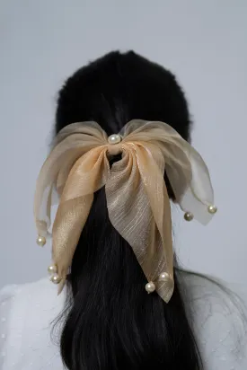 Brown Sheer Organza Bow Hairband with Pearl Accents