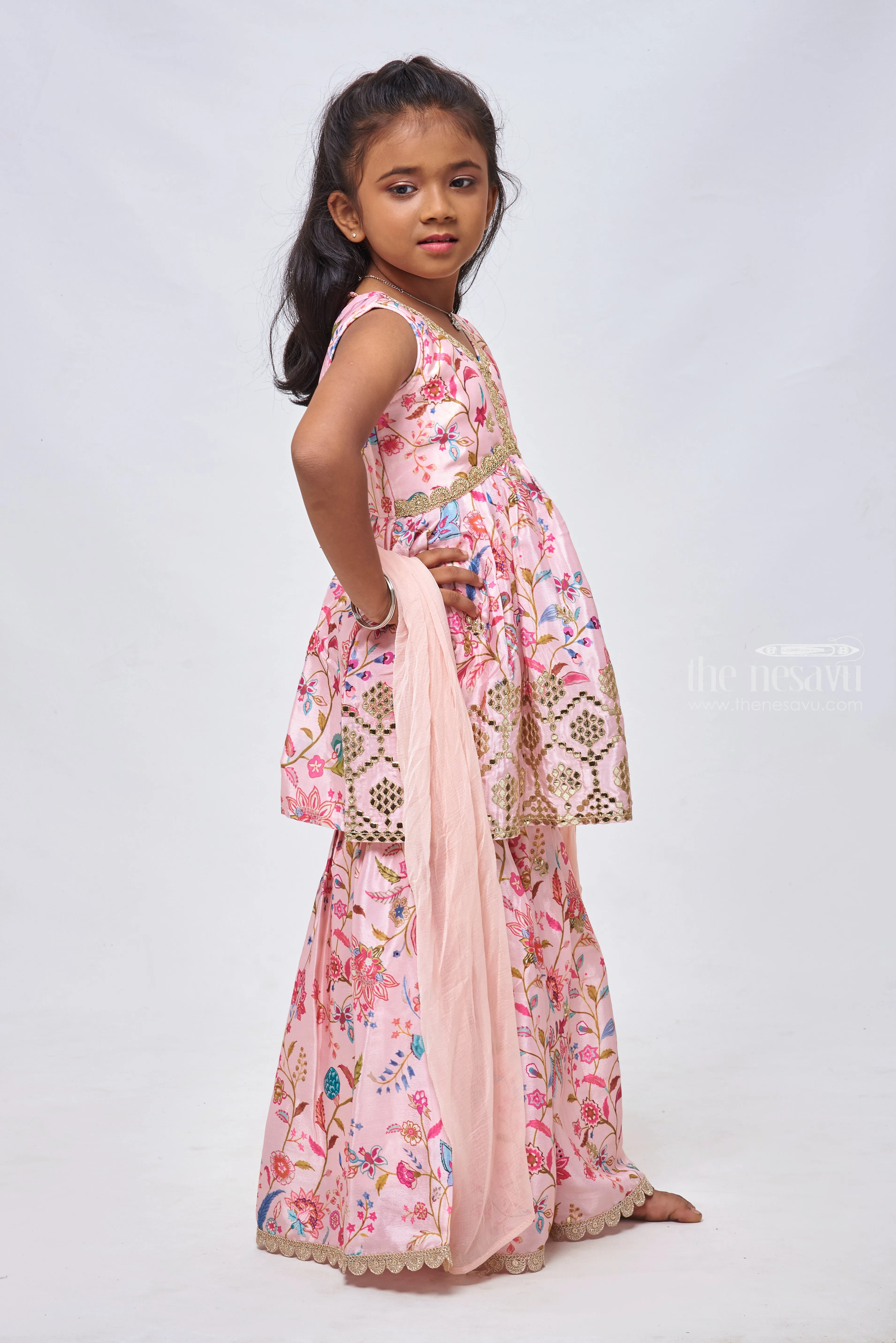 Charming Floral & Mirror Embroidered Pink Kurti & Gharara Combo for Girls.