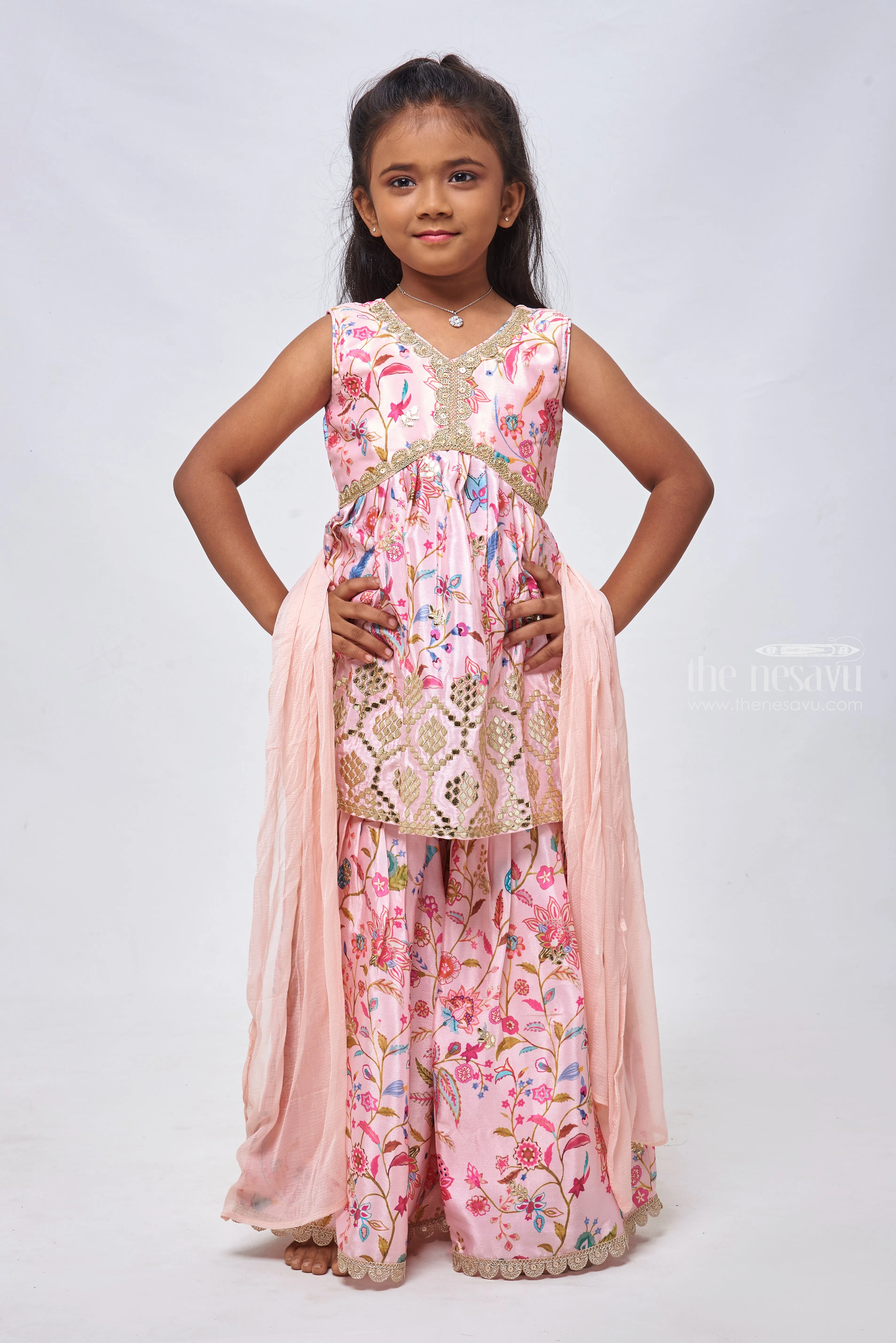 Charming Floral & Mirror Embroidered Pink Kurti & Gharara Combo for Girls.