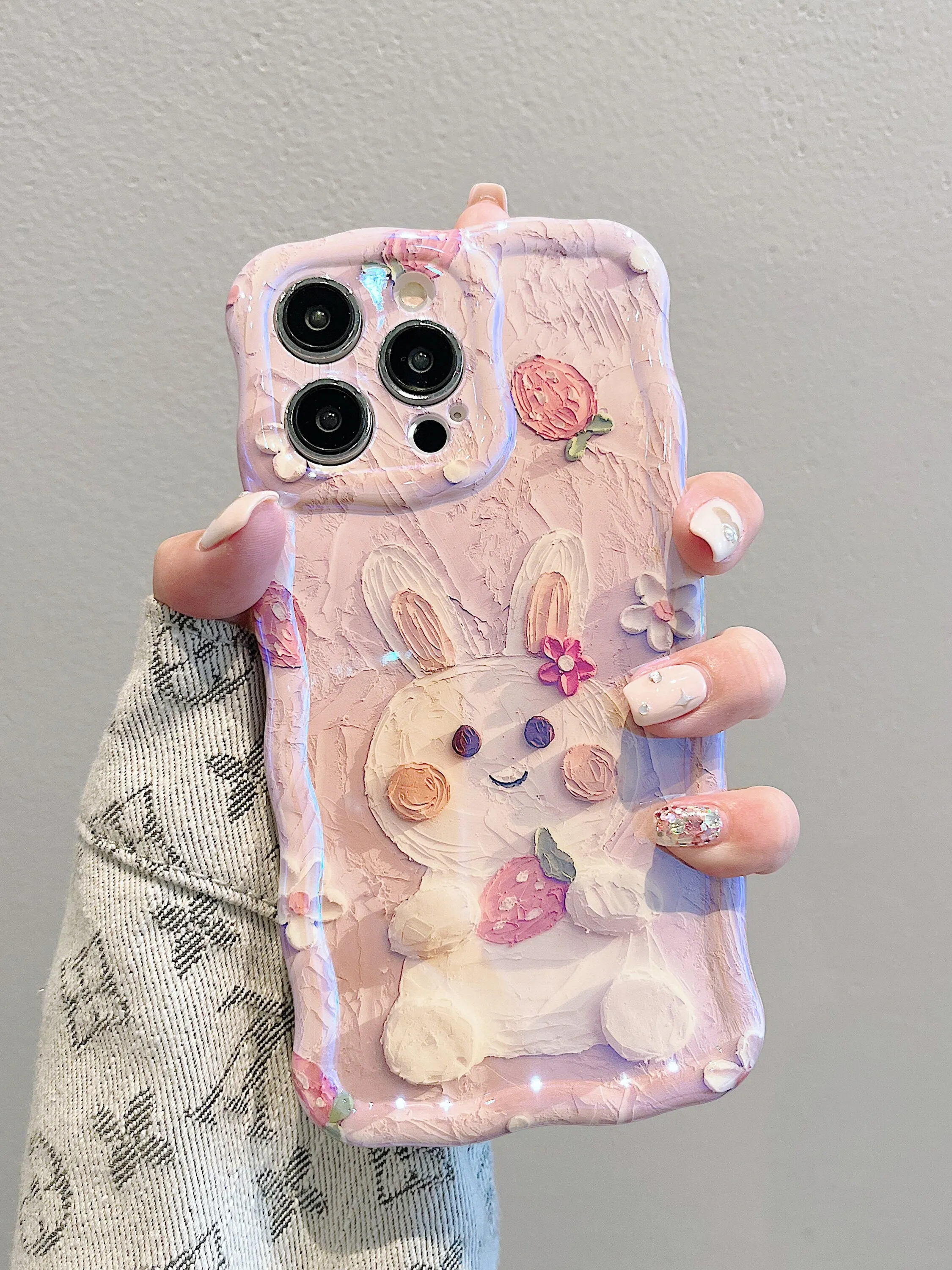 Cute Kawaii Glossy 3D Oil Painting Rabbit Strawberry Flower Design Protective Shockproof iPhone Case for iPhone 11 12 13 14 15 Pro Max Case