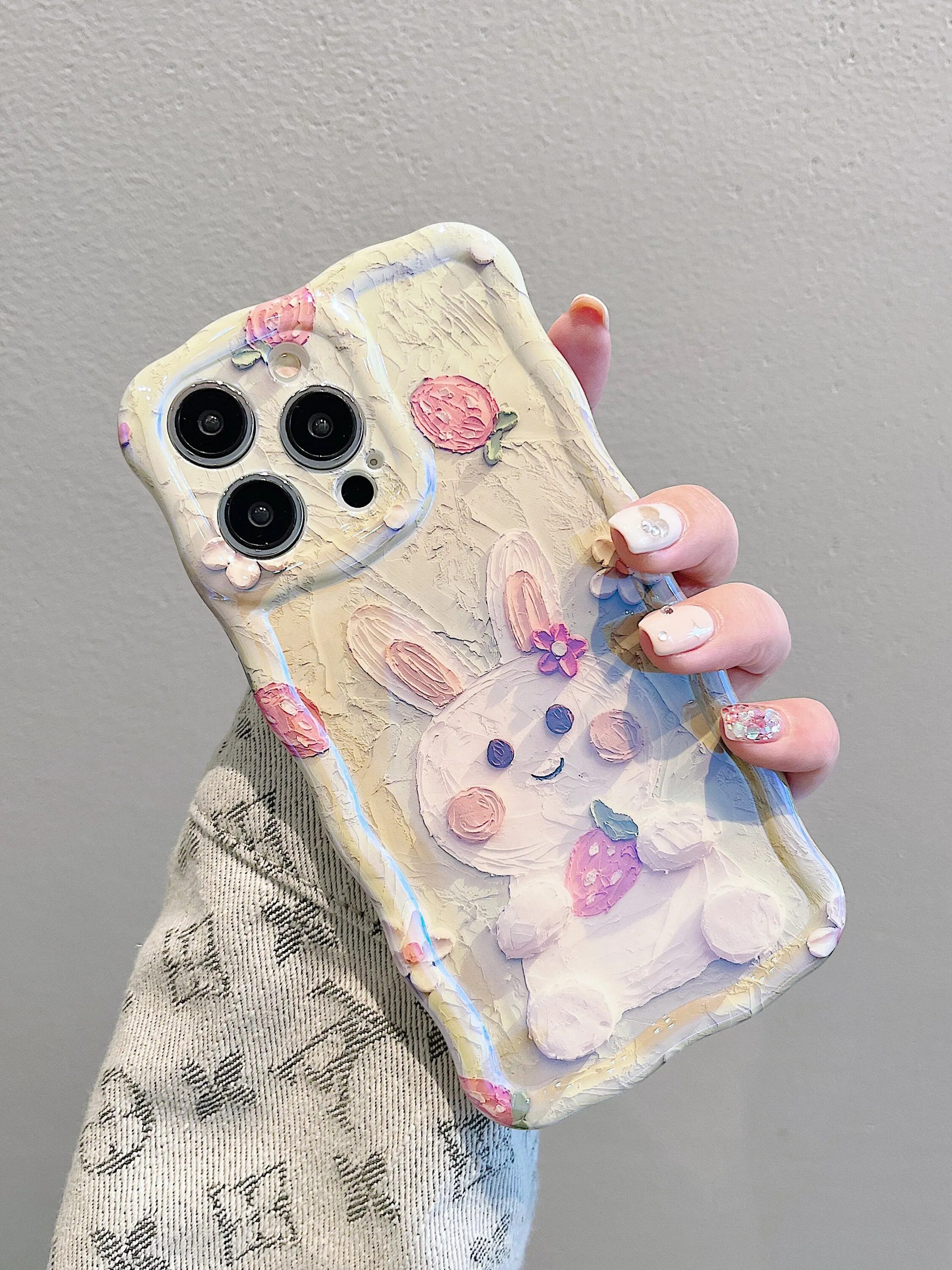 Cute Kawaii Glossy 3D Oil Painting Rabbit Strawberry Flower Design Protective Shockproof iPhone Case for iPhone 11 12 13 14 15 Pro Max Case