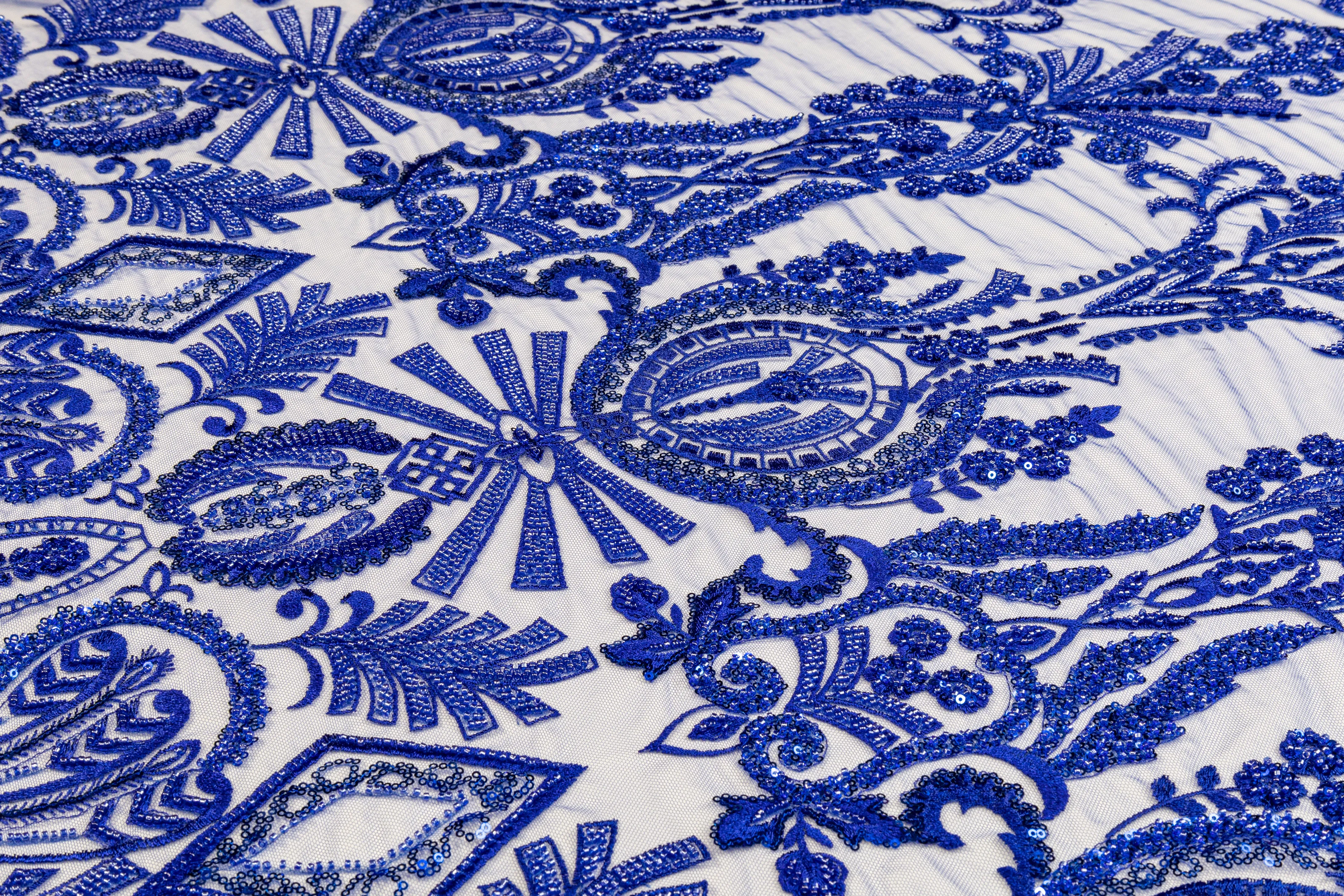 Damask Beaded and Embroidered Tulle - Royal Blue