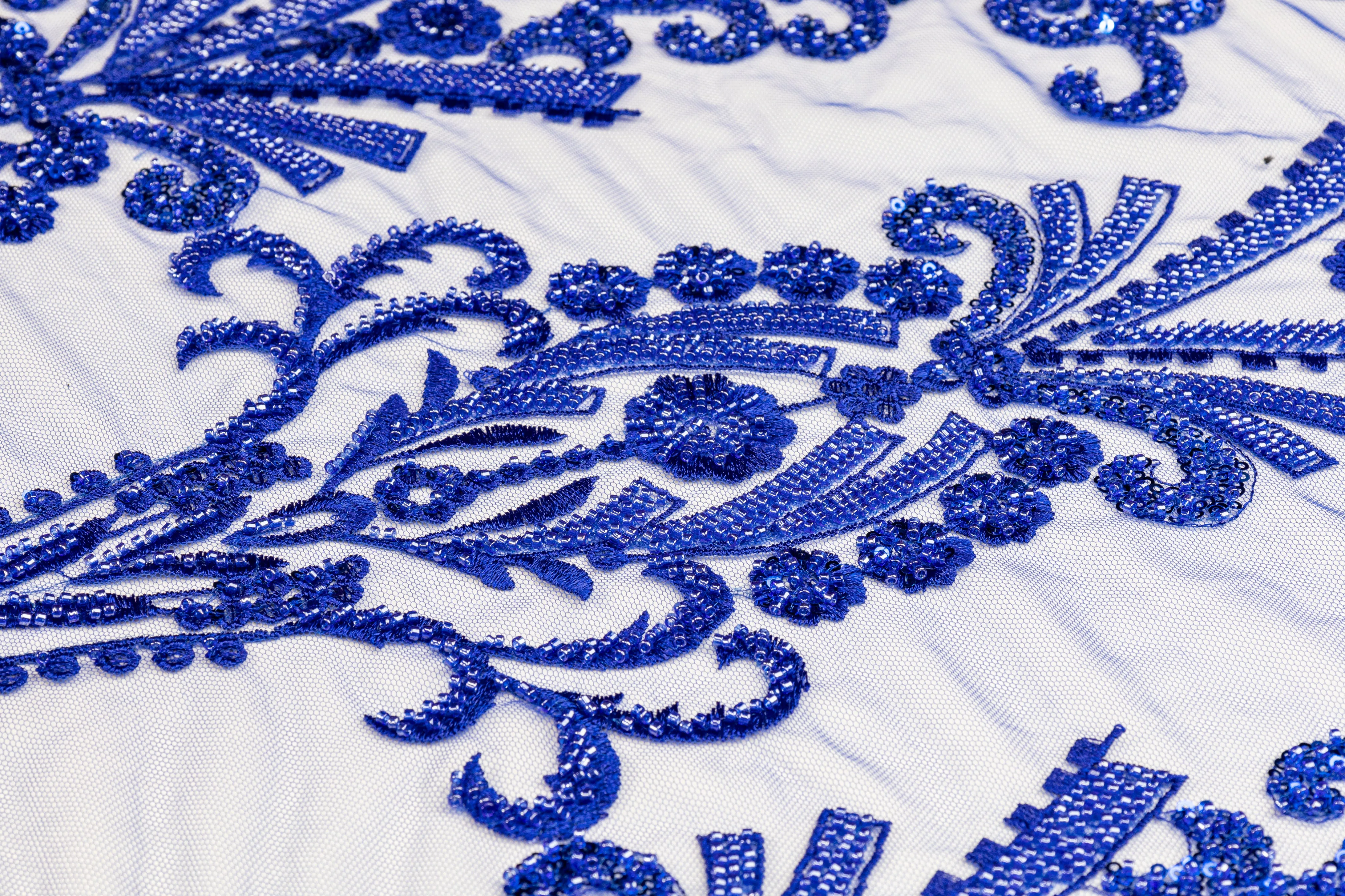 Damask Beaded and Embroidered Tulle - Royal Blue