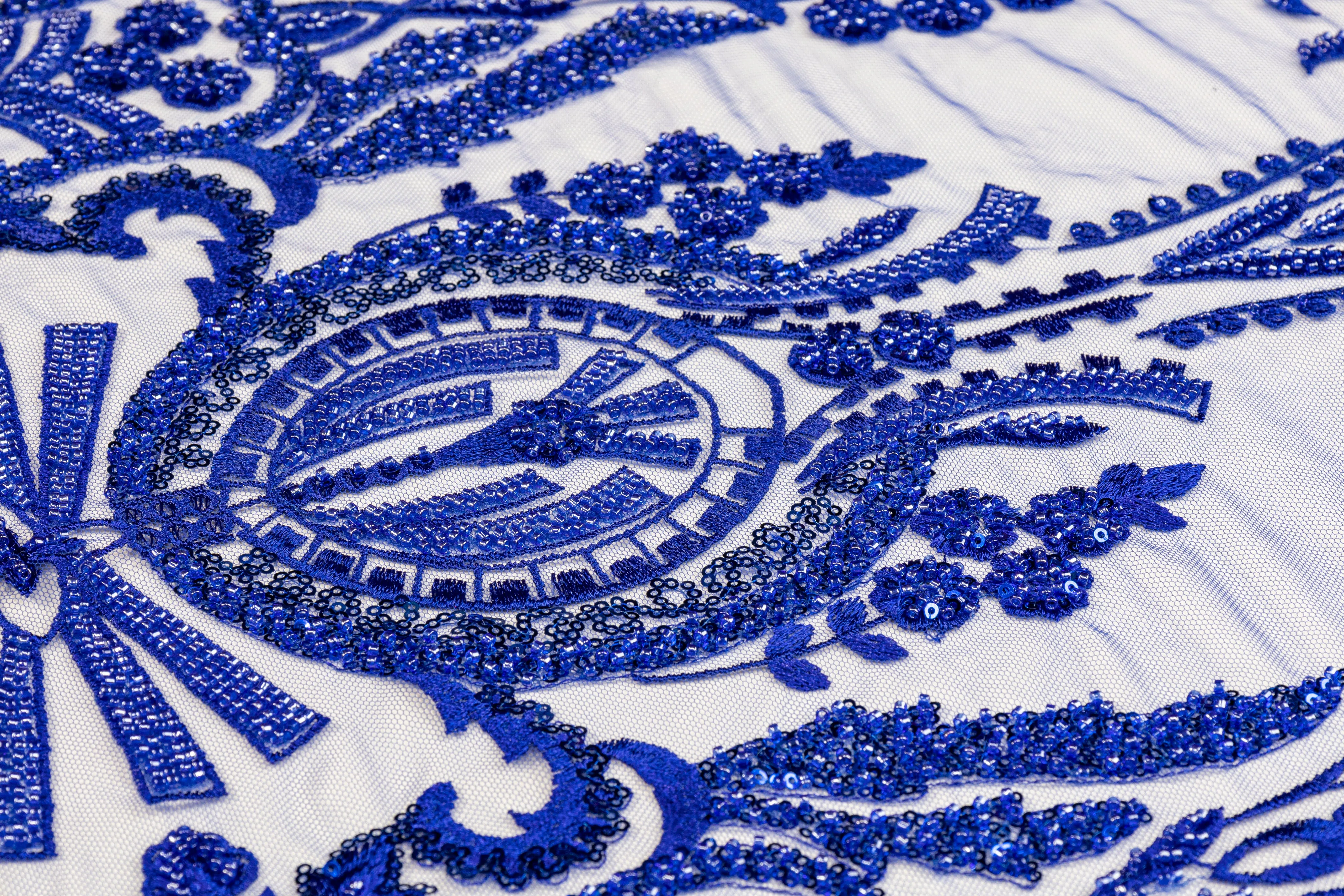 Damask Beaded and Embroidered Tulle - Royal Blue