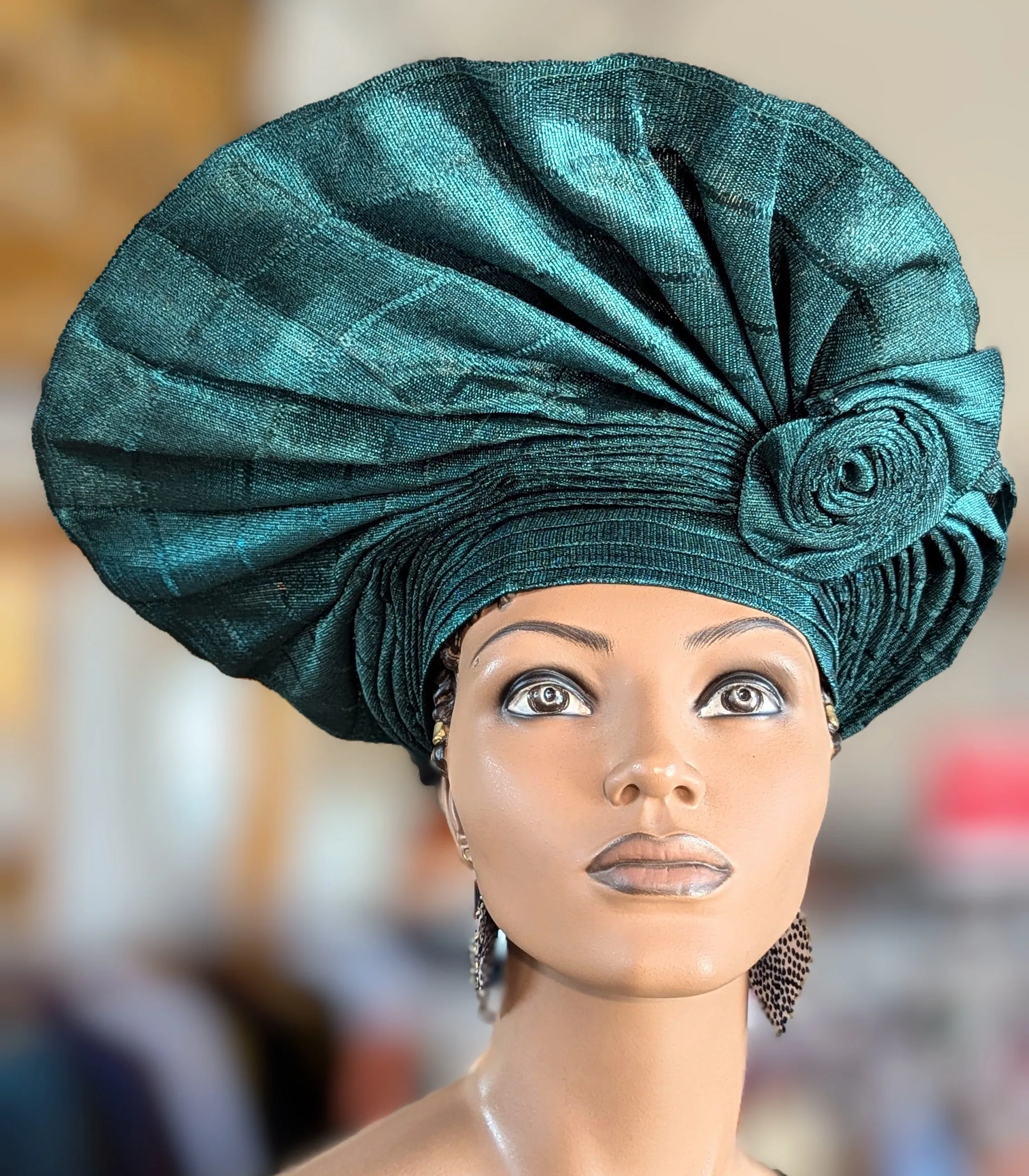 Dupsie's African Adesua Emerald Green Aso Oke Autogele Ready Gele Bow Head wrap hat DPAGEGB21