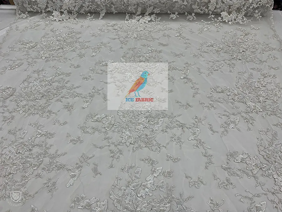 Embroidered Beaded 3D Floral Flowers Beaded Mesh Lace Fabric By The Yard