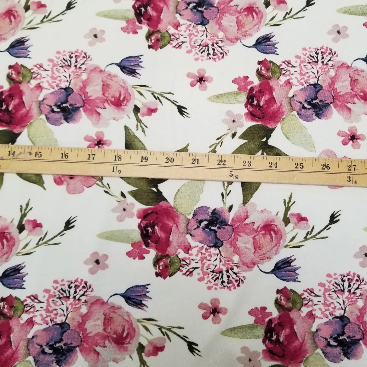 End of Bolt : 2.5 yards of Apparel Modal Spandex Jersey Scattered Roses Floral Ivory Knit 6.78 oz-remnant