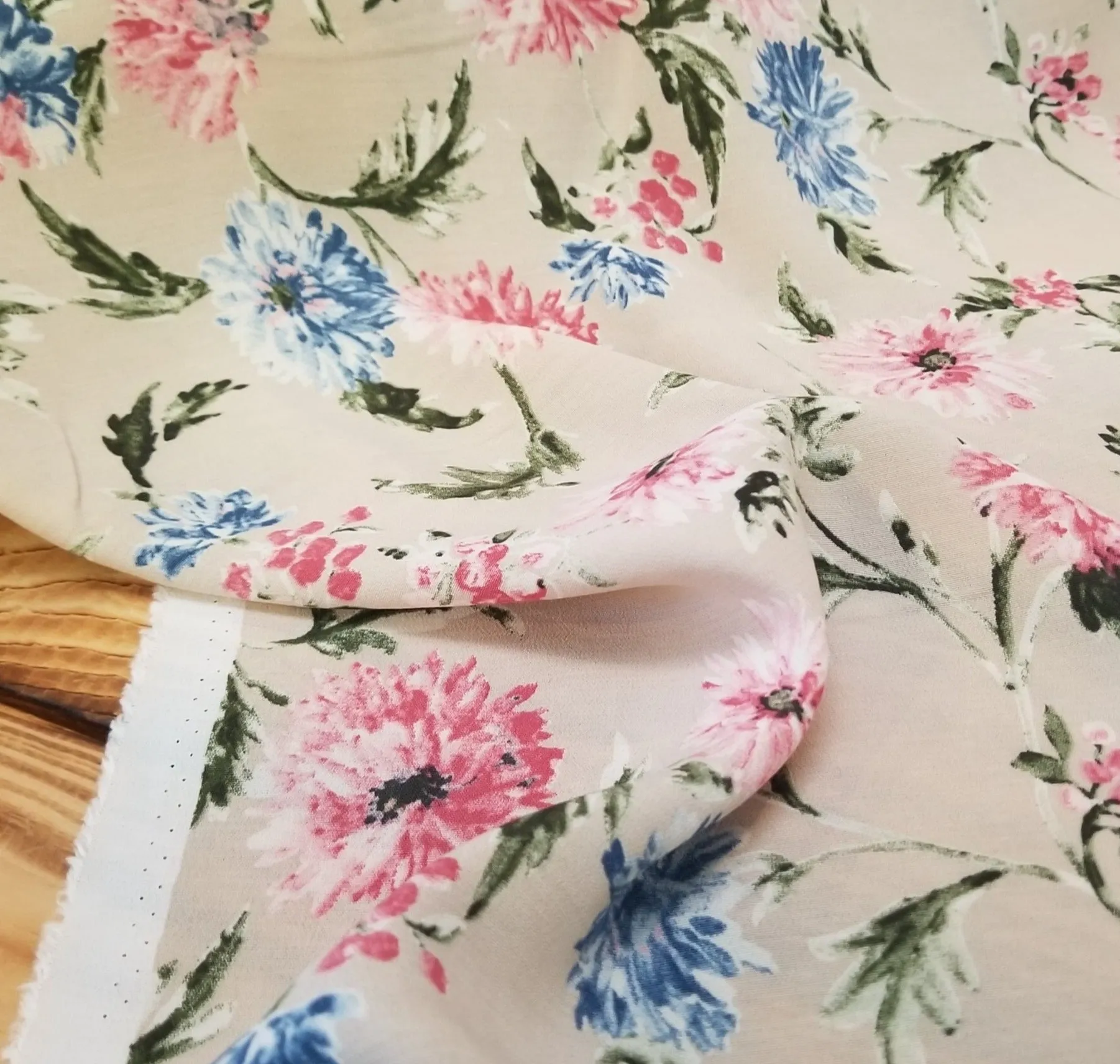 End of BOlt: 2.5 yards of Designer Deadstock Vintage Blue and Pink Florals Rayon Woven- remnant