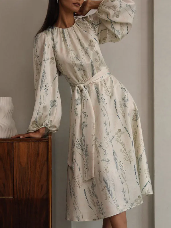 Floral Print Belted Long Sleeve Midi Dress