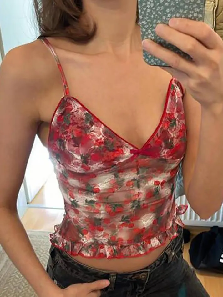 Floral Printed Mesh Mini Camisole Top