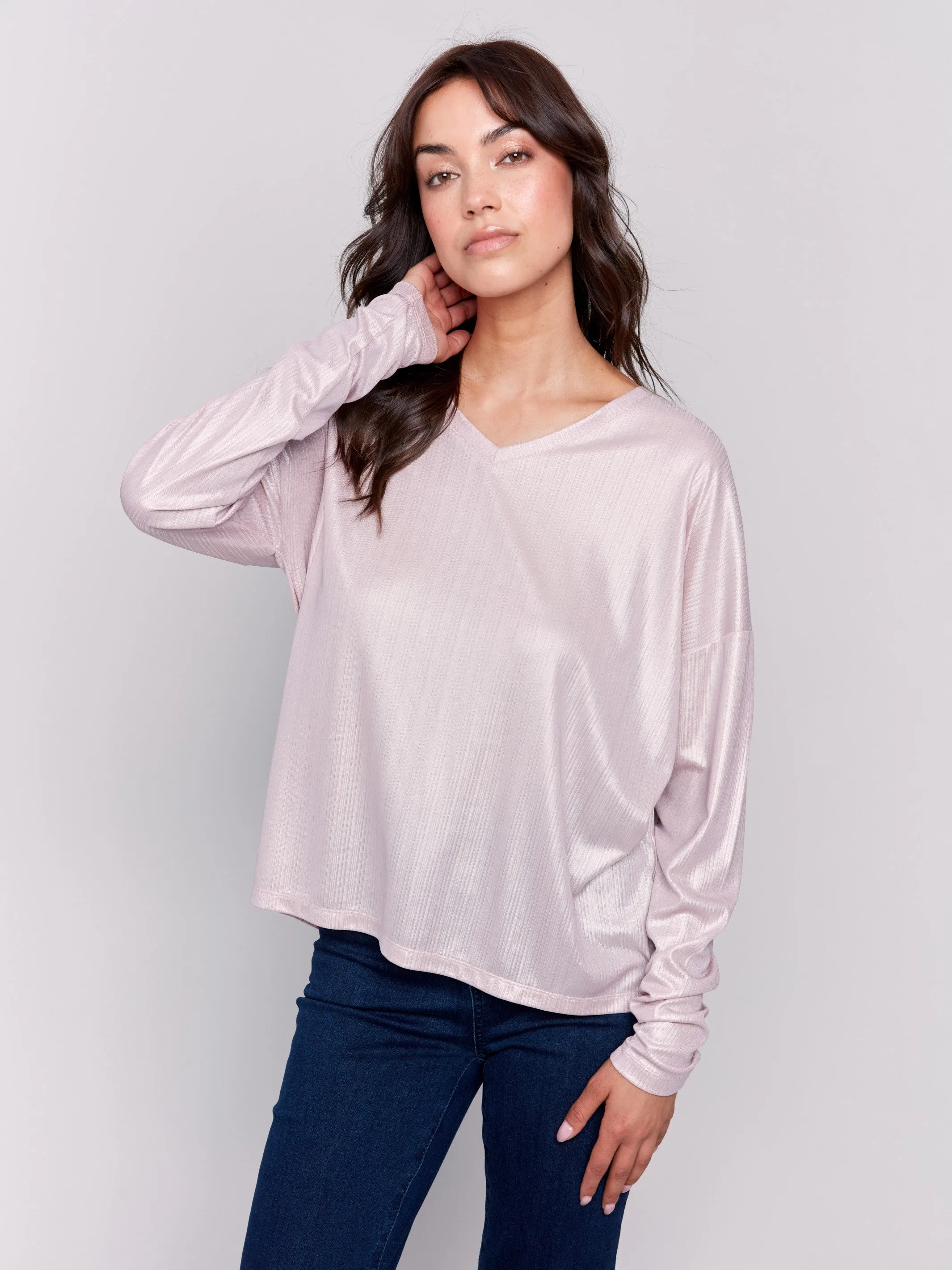 Foiled Knit Top with V-Neck - Quartz