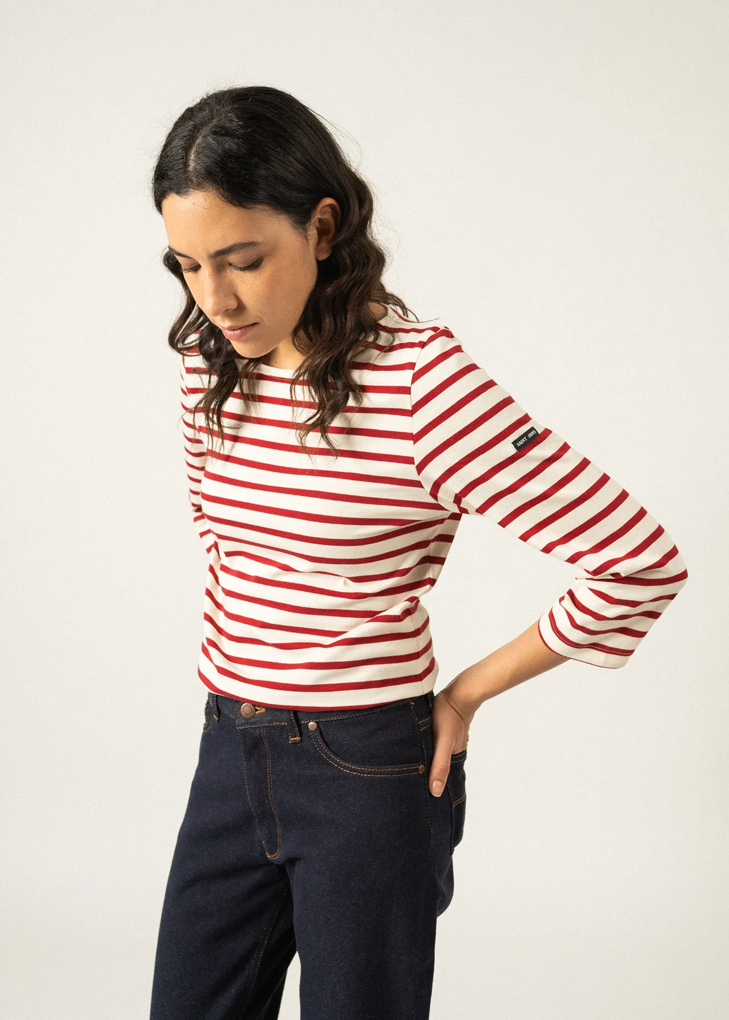 GALATHEE II - Breton Striped Top with ¾ Sleeve | Soft Cotton | Women Fit (ECRU / MAROON)