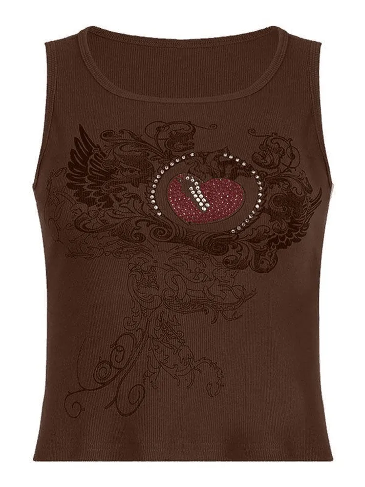 Heart Rhinestone Rib Crop Tank Top