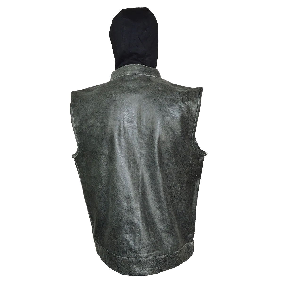 HMM914HDG Distressed Gray Motorcycle Club Leather Vest with Hood